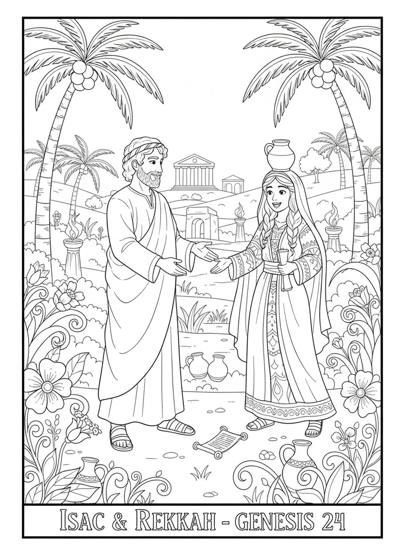 La première rencontre d'Isaac et de Rébecca, page à colorier de Rébecca pour les enfants de l'École du dimanche âgés de 5 à 12 ans.