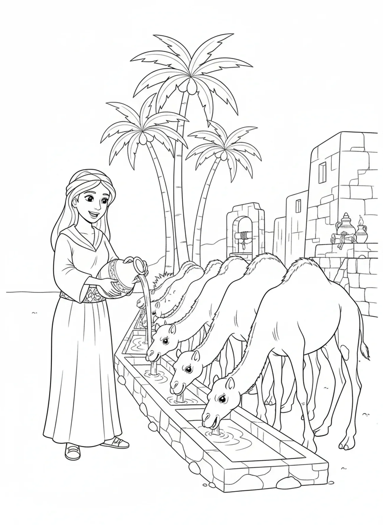 Rebecca donnant à boire aux chameaux, page à colorier de Rebecca pour les enfants de l'École du dimanche âgés de 5 à 12 ans.