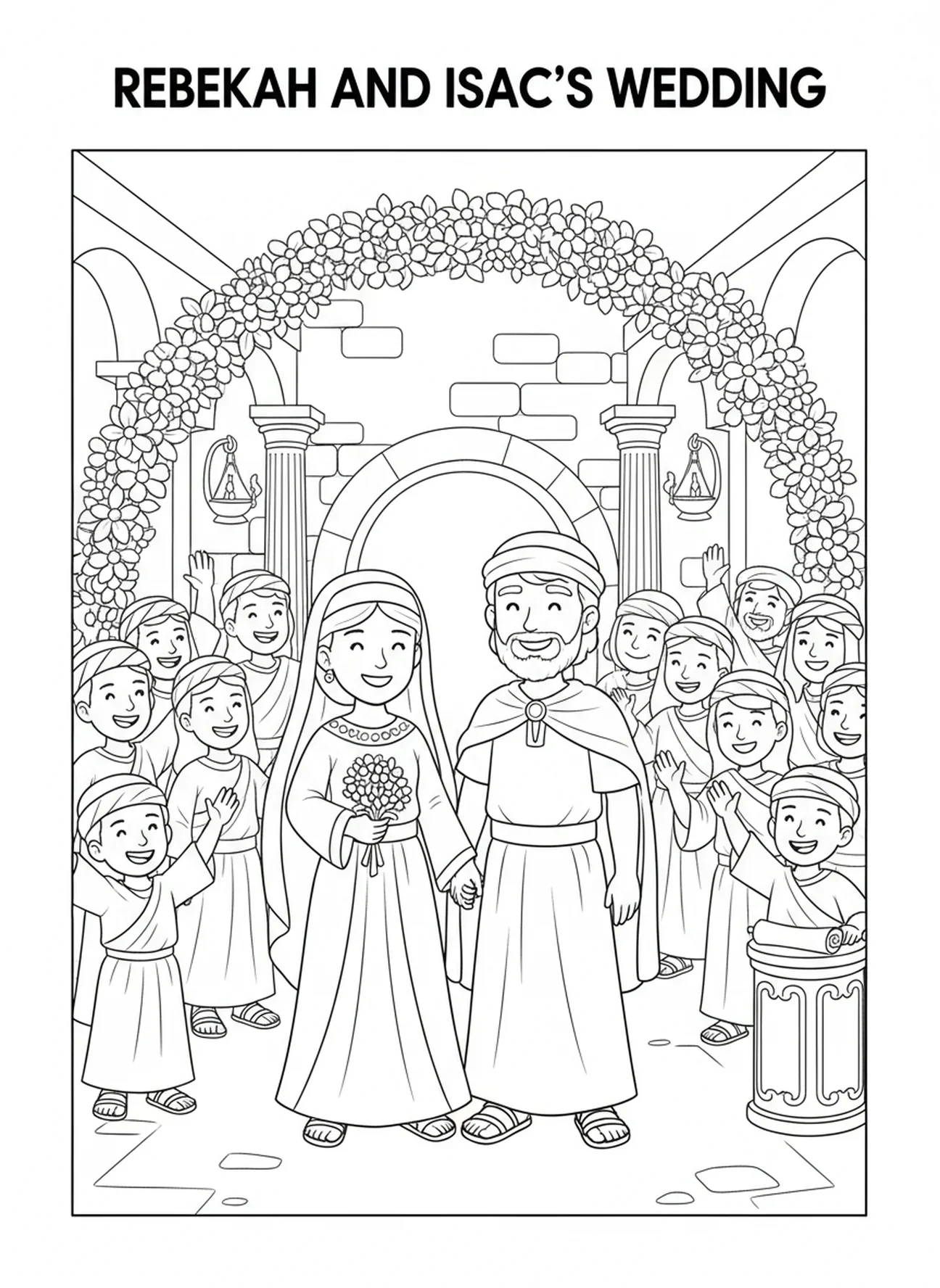 Le mariage de Rébecca et Isaac, page à colorier de Rébecca pour les enfants de l'École du dimanche âgés de 5 à 12 ans.