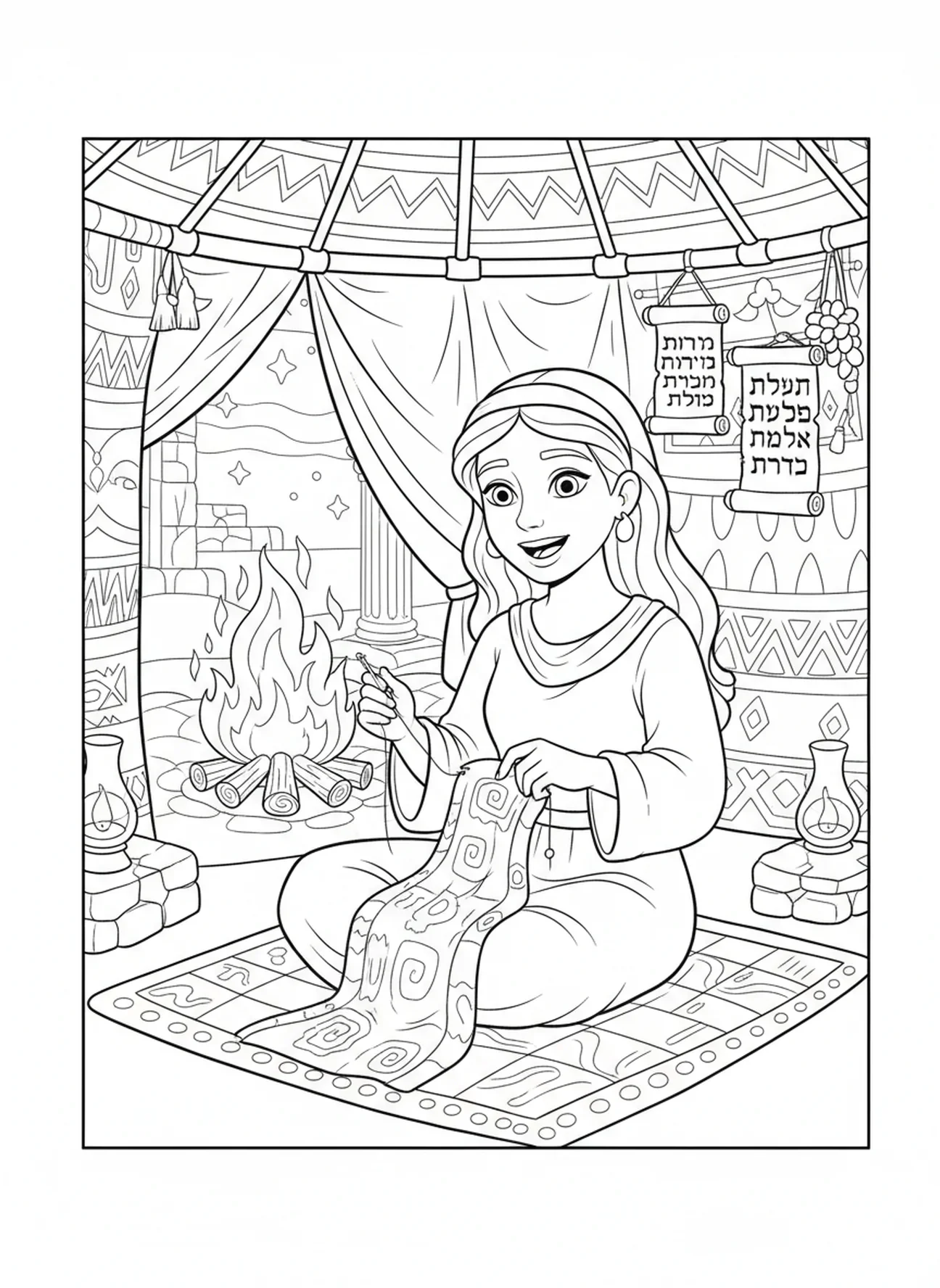 Rebecca cousant dans sa tente, page à colorier sur Rebecca pour les enfants de l'École du dimanche âgés de 5 à 12 ans.