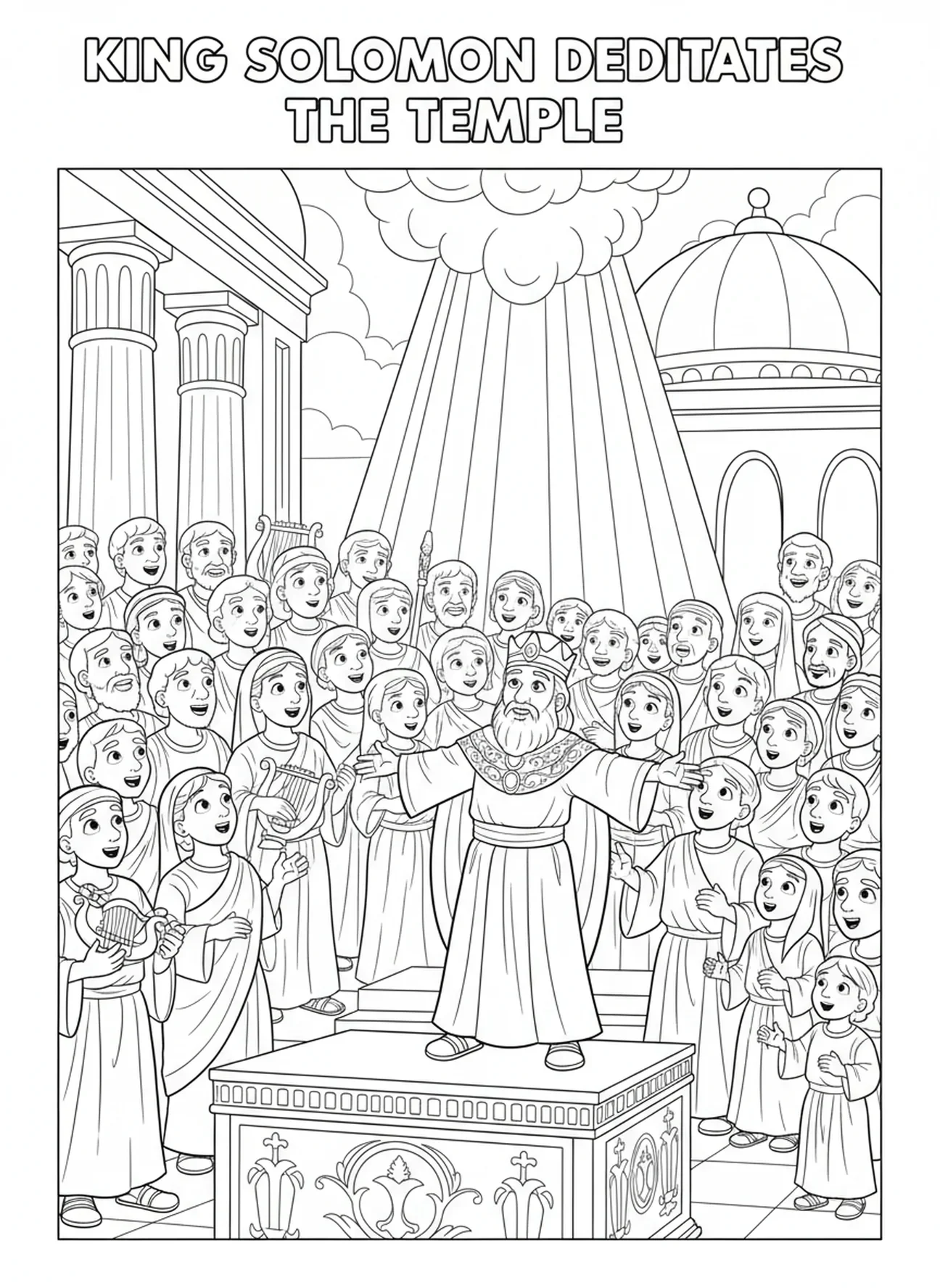 König Salomo weiht den Tempel, Ausmalbild zum Wiederaufbau des Tempels für Kinder im Alter von 5-10 Jahren