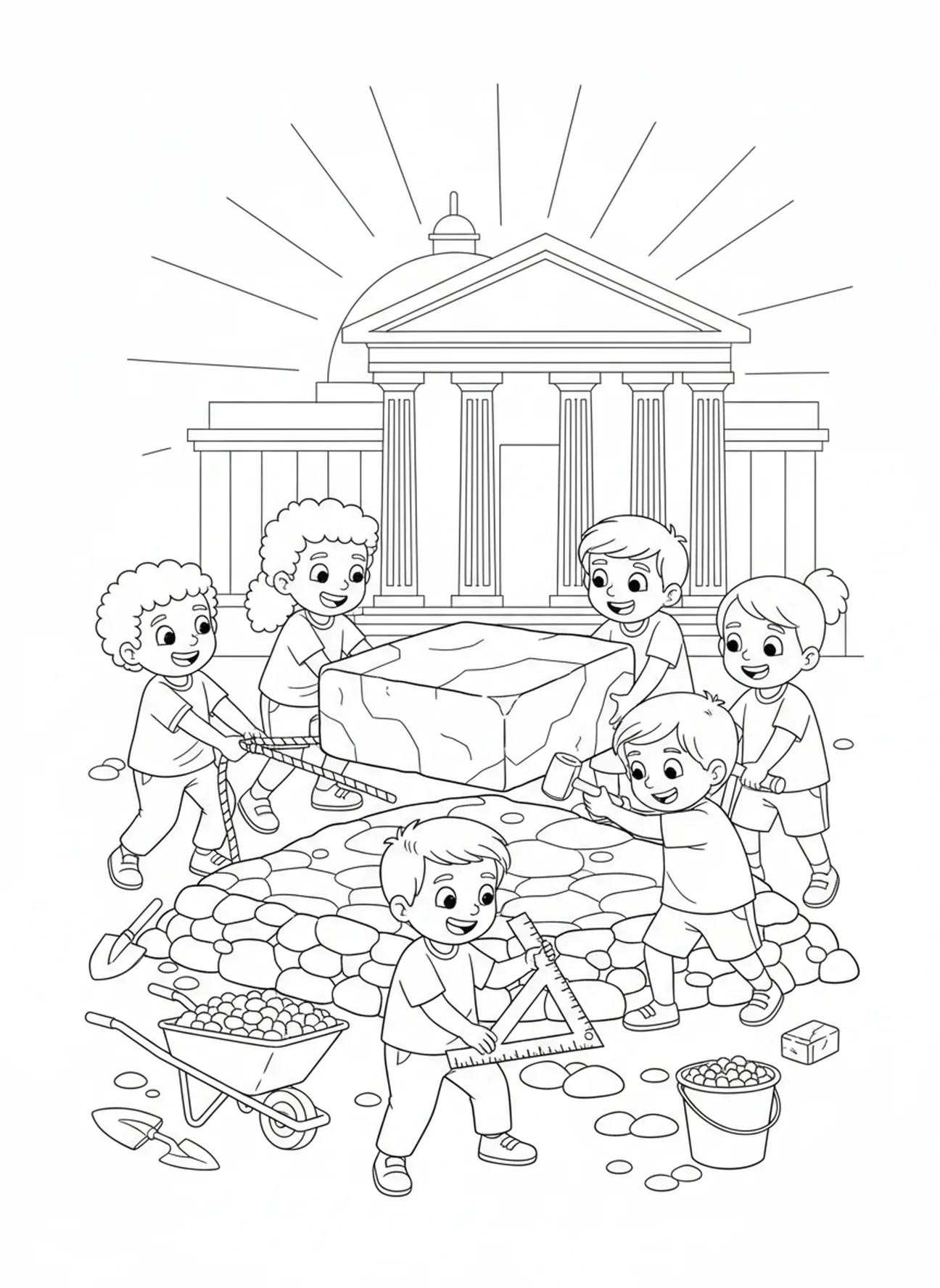 Kinder legen Steine, Ausmalbild zum Wiederaufbau des Tempels für Kinder im Alter von 5-10 Jahren