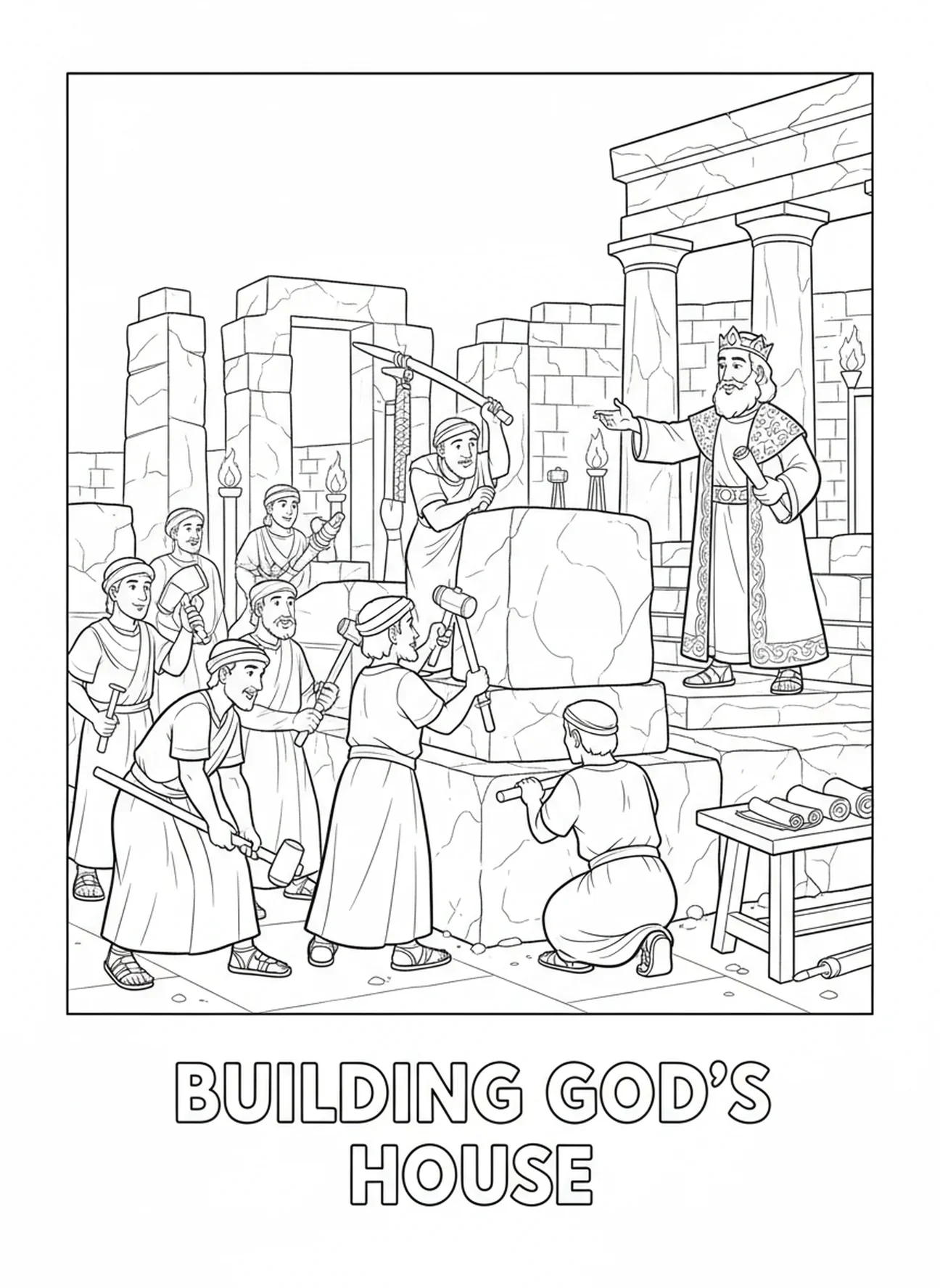 Arbeiter, die das Fundament des Tempels bauen, Ausmalbild zum Wiederaufbau des Tempels für Kinder in der Sonntagsschule im Alter von 5-12 Jahren.