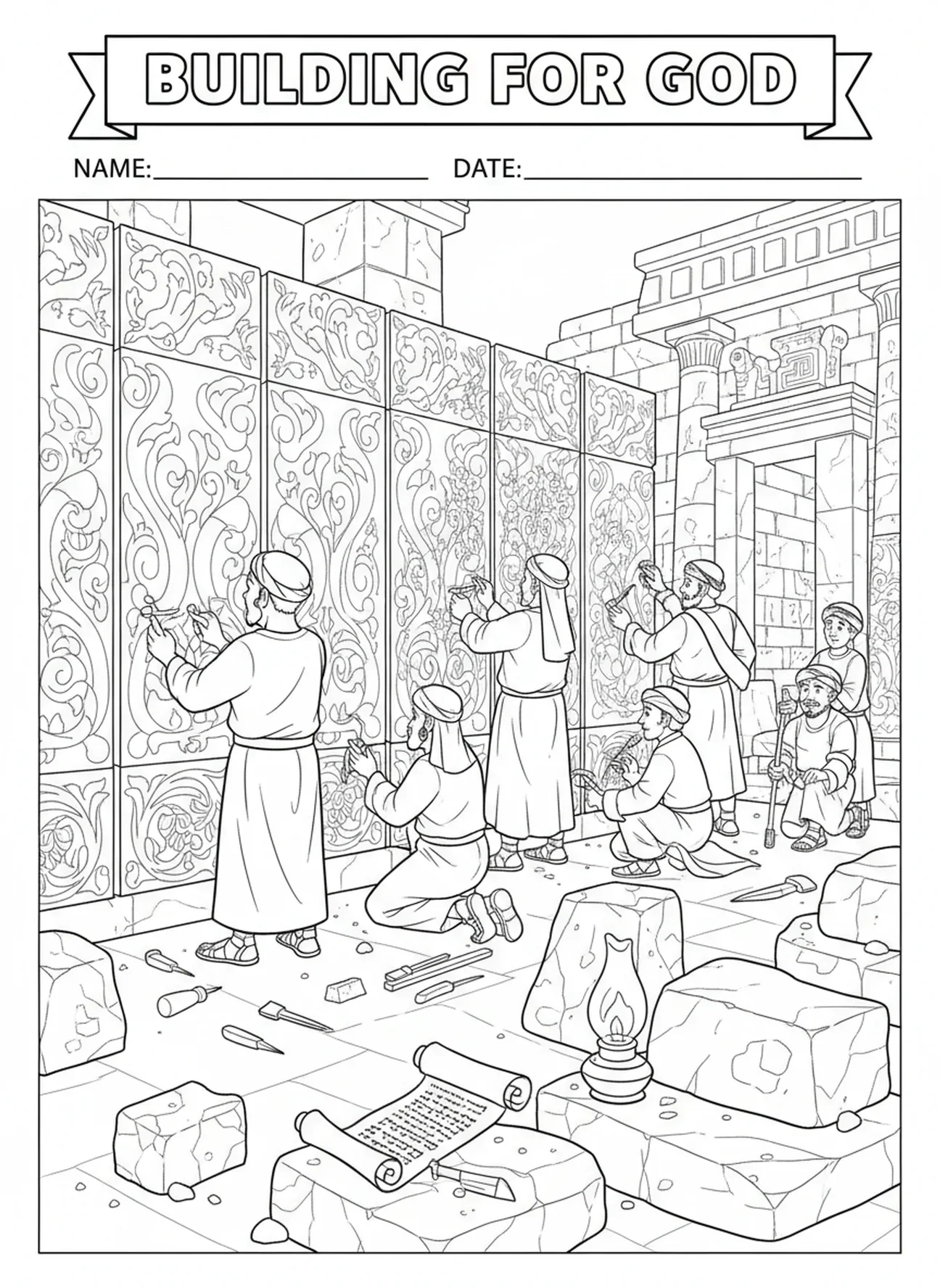 Handwerker schmücken den Tempel, Ausmalbild zum Wiederaufbau des Tempels für Sonntagsschulkinder im Alter von 5-12 Jahren.