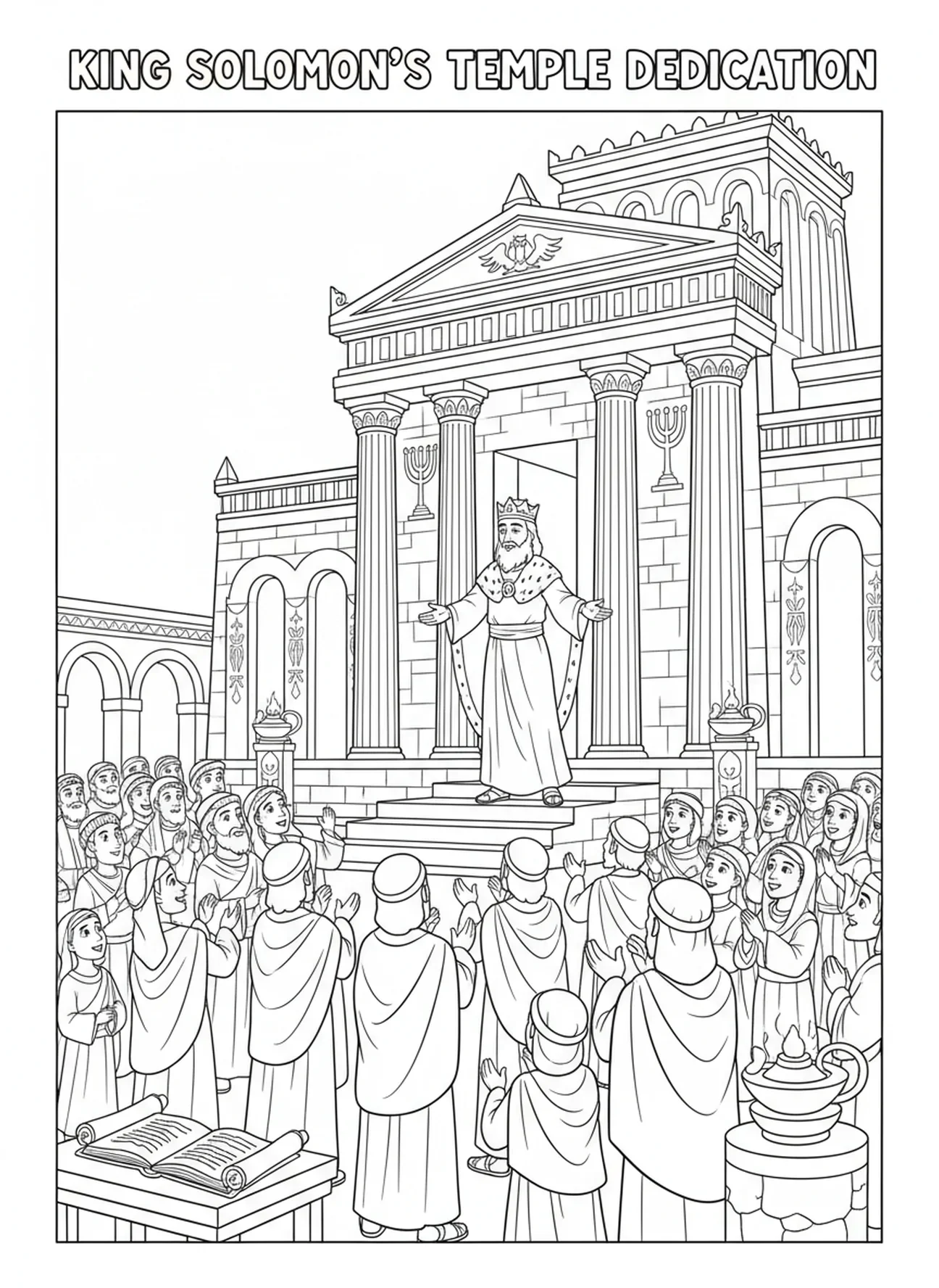 König Salomo präsentiert den vollendeten Tempel, Ausmalbild zum Wiederaufbau des Tempels für die Sonntagsschule für Kinder im Alter von 5-12 Jahren.