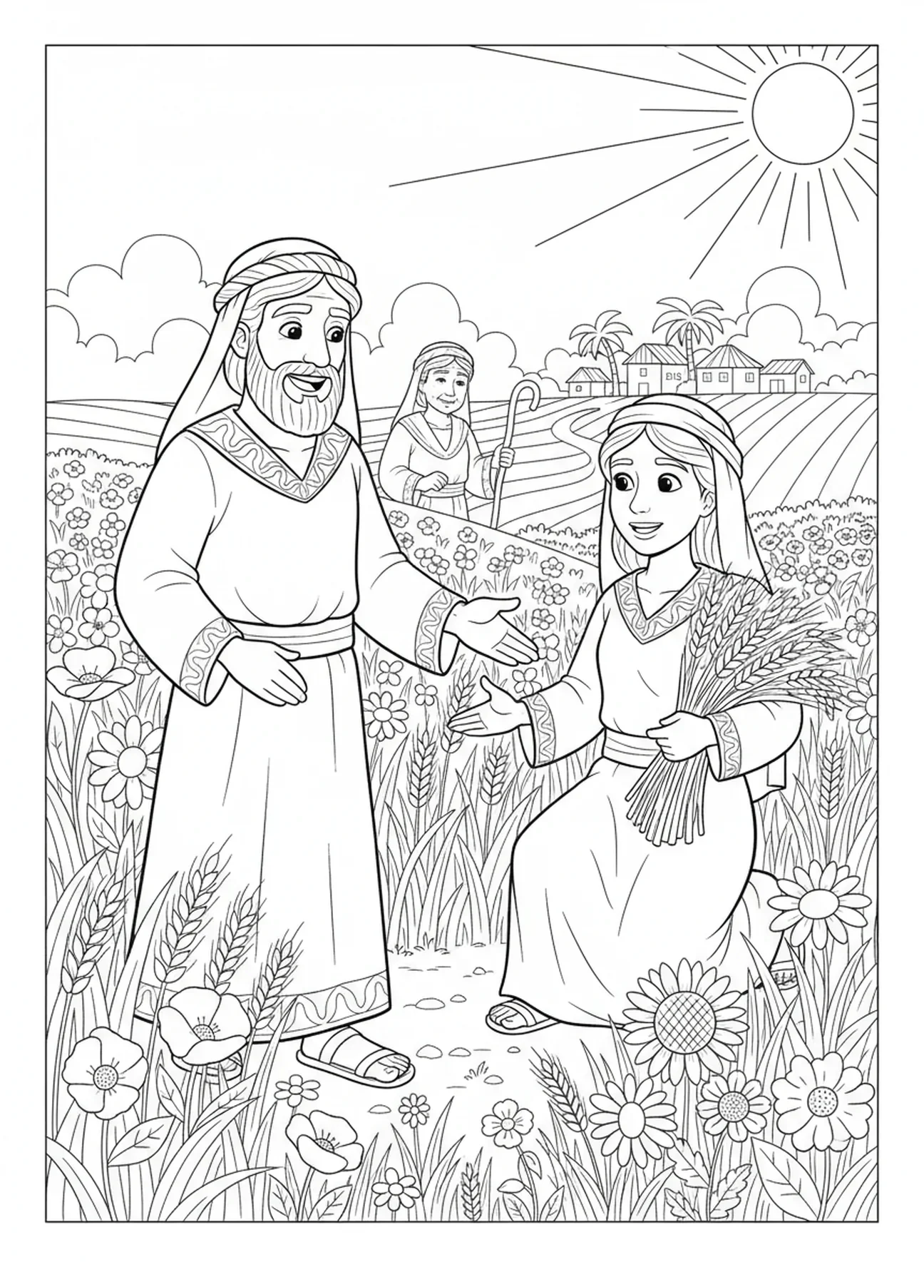 Boaz trifft Ruth, Ausmalbild für Kinder im Alter von 5-10 Jahren