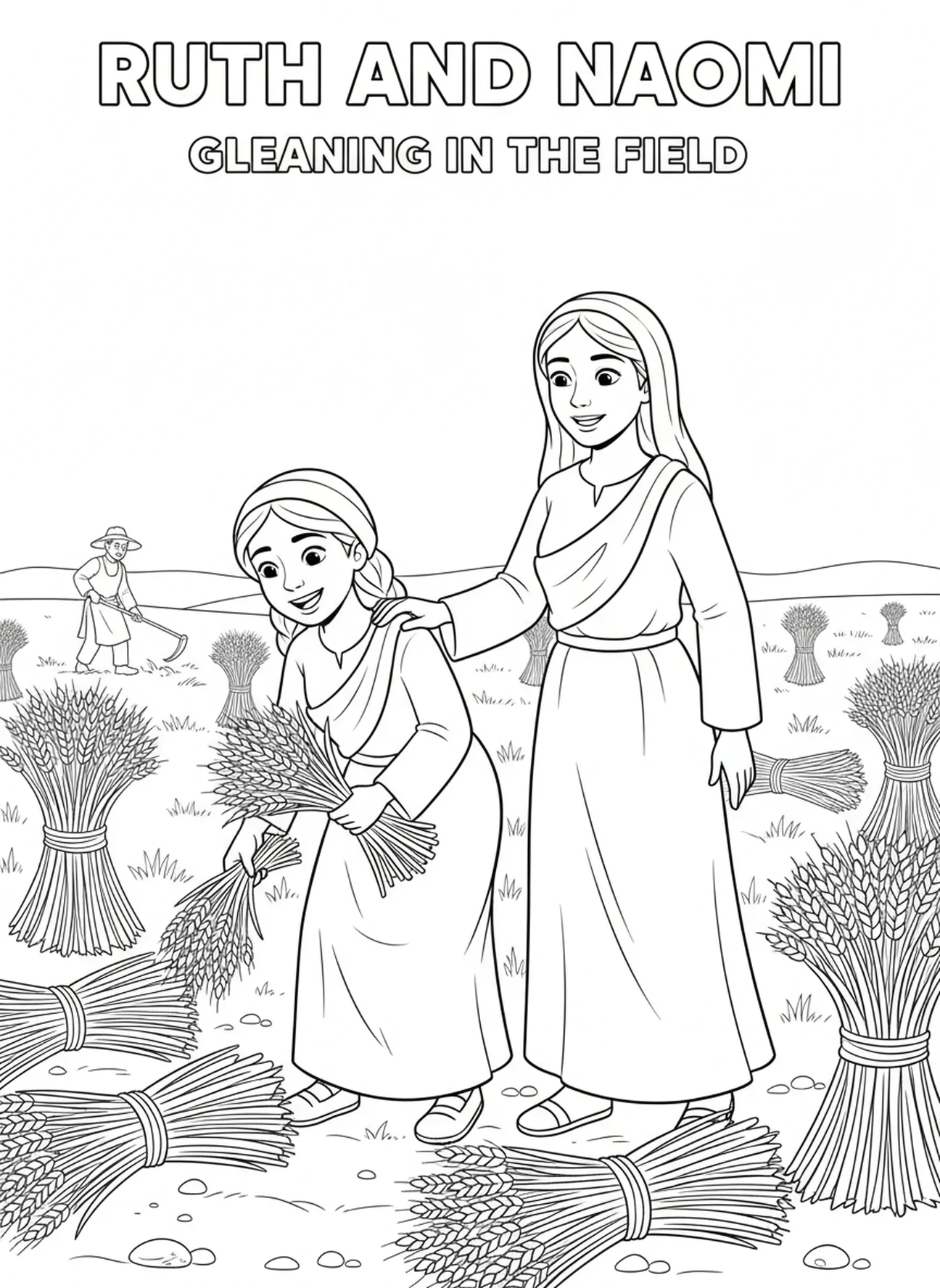 Ruth beim Ährenlesen, Ruth und Naomi Malvorlage für Kinder im Alter von 5-10 Jahren