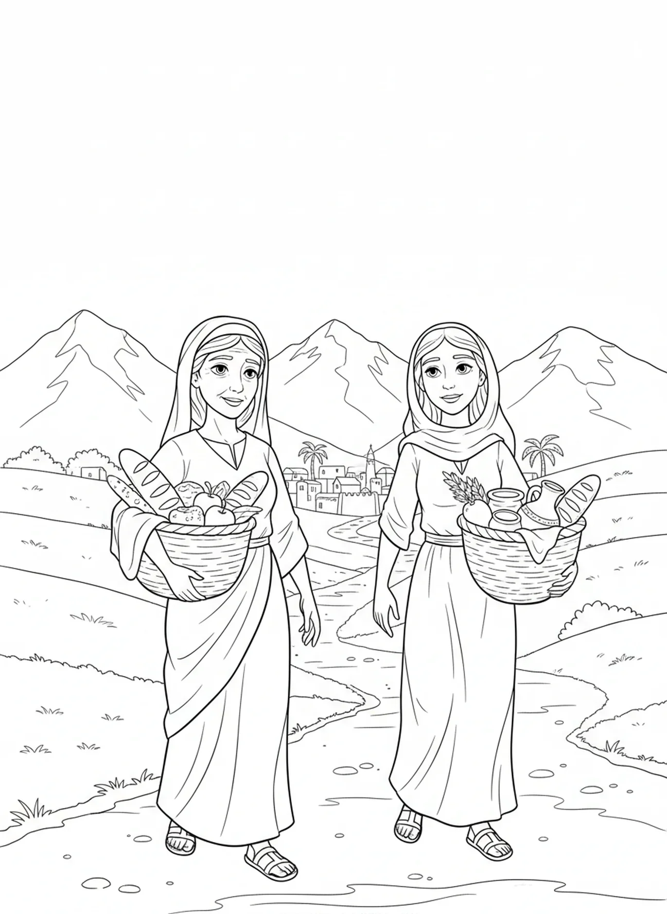 Naomi und Ruth auf dem Weg, Ausmalbild von Ruth und Naomi für Kinder im Alter von 5-10 Jahren