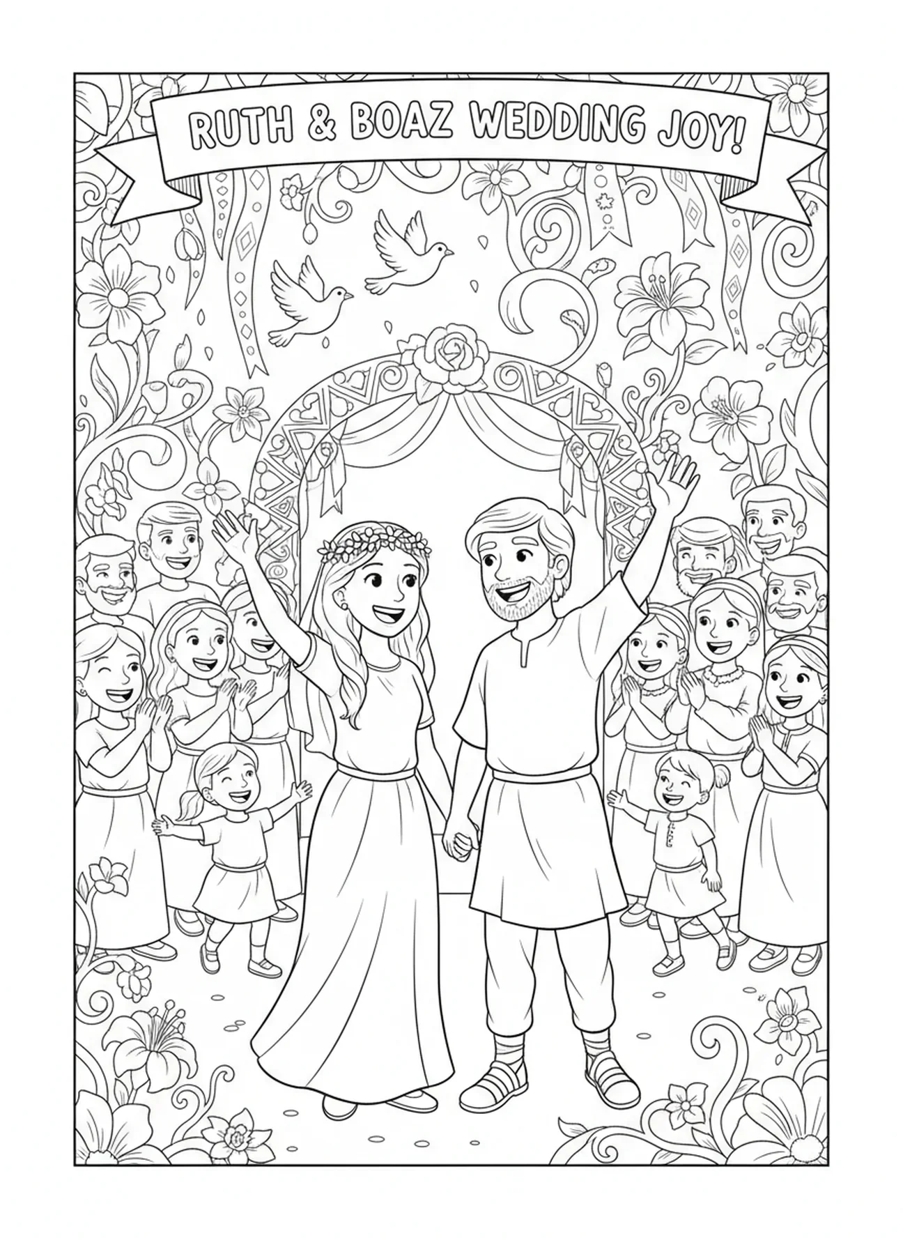 Hochzeit von Ruth und Boaz, Ausmalbild von Ruth und Naomi für Kinder im Alter von 5-10 Jahren