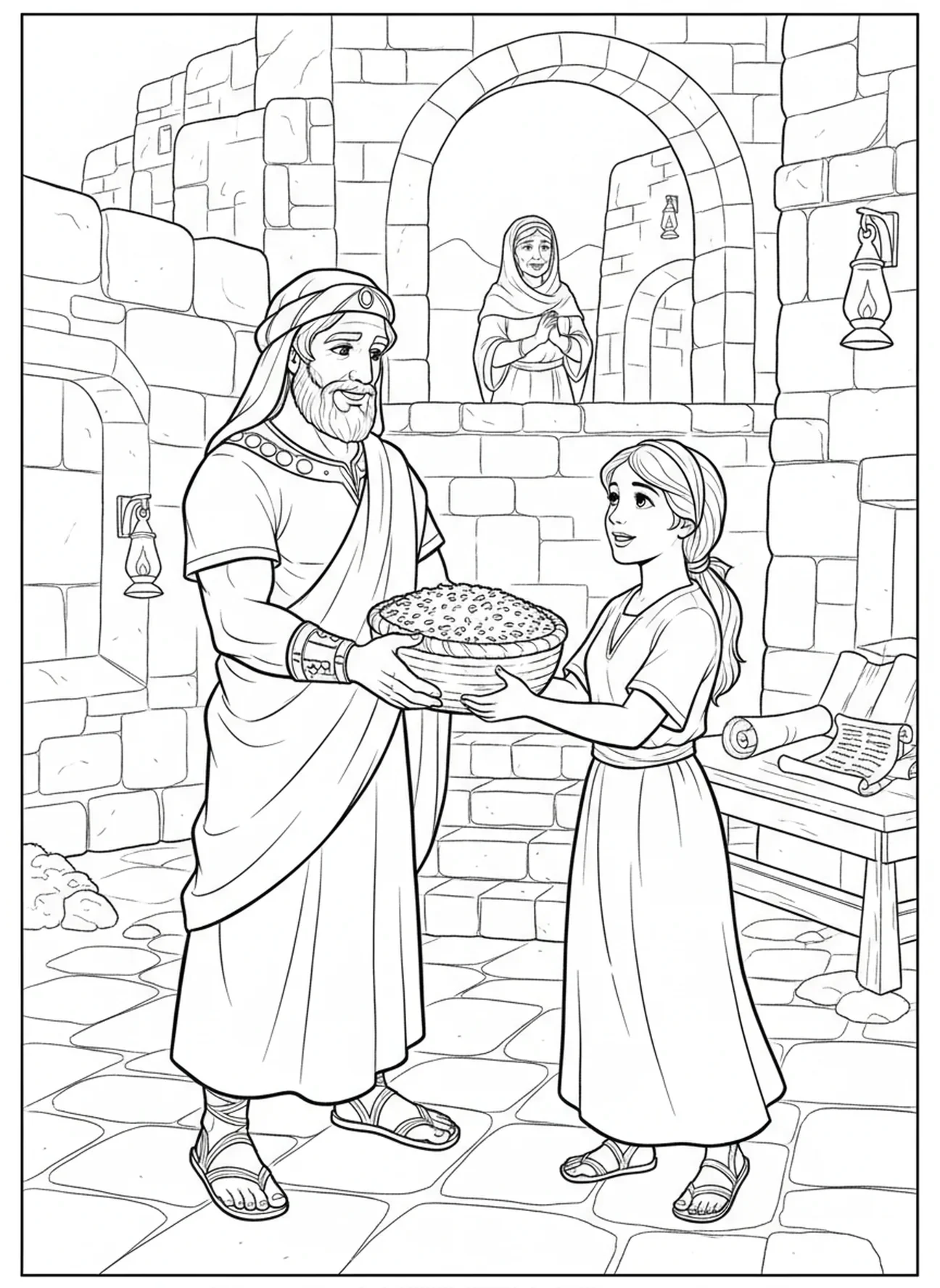 Boaz nähert sich Ruth mit einem Korb, Ruth und Naomi Malvorlage für Sonntagsschulkinder im Alter von 5-12 Jahren.