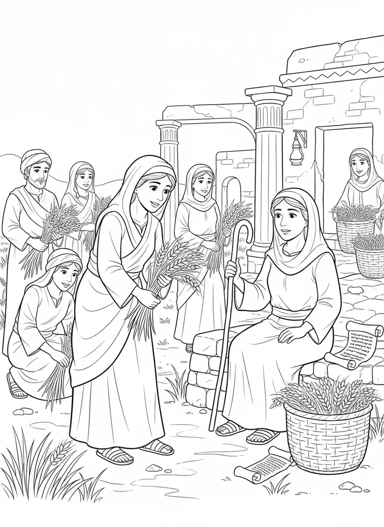 Ruth, die im Feld Ähren liest, Ruth und Naomi Malvorlage für Kinder im Religionsunterricht im Alter von 5-12 Jahren.