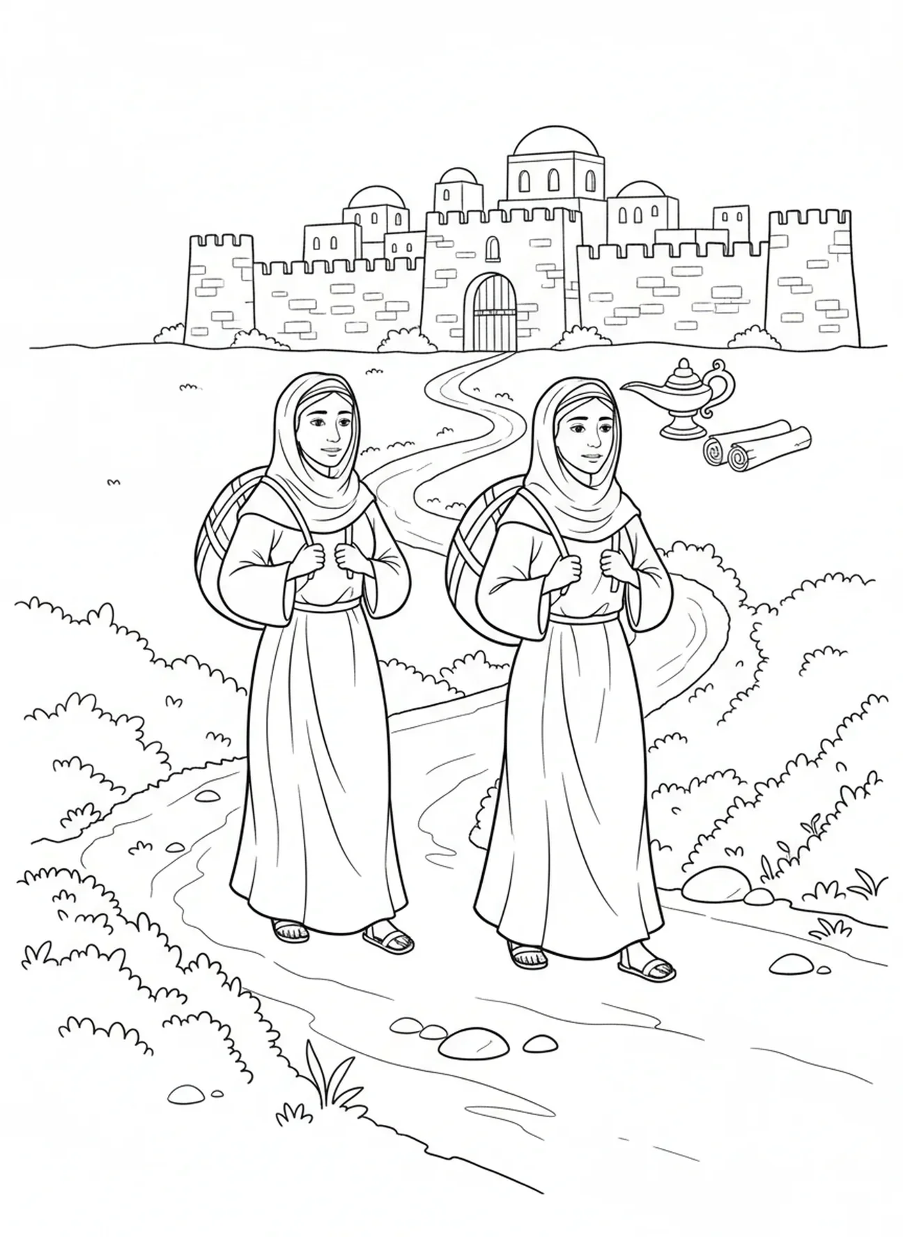 Naomi und Ruth gehen gemeinsam, Ausmalbild für die Sonntagsschule für Kinder im Alter von 5-12 Jahren.