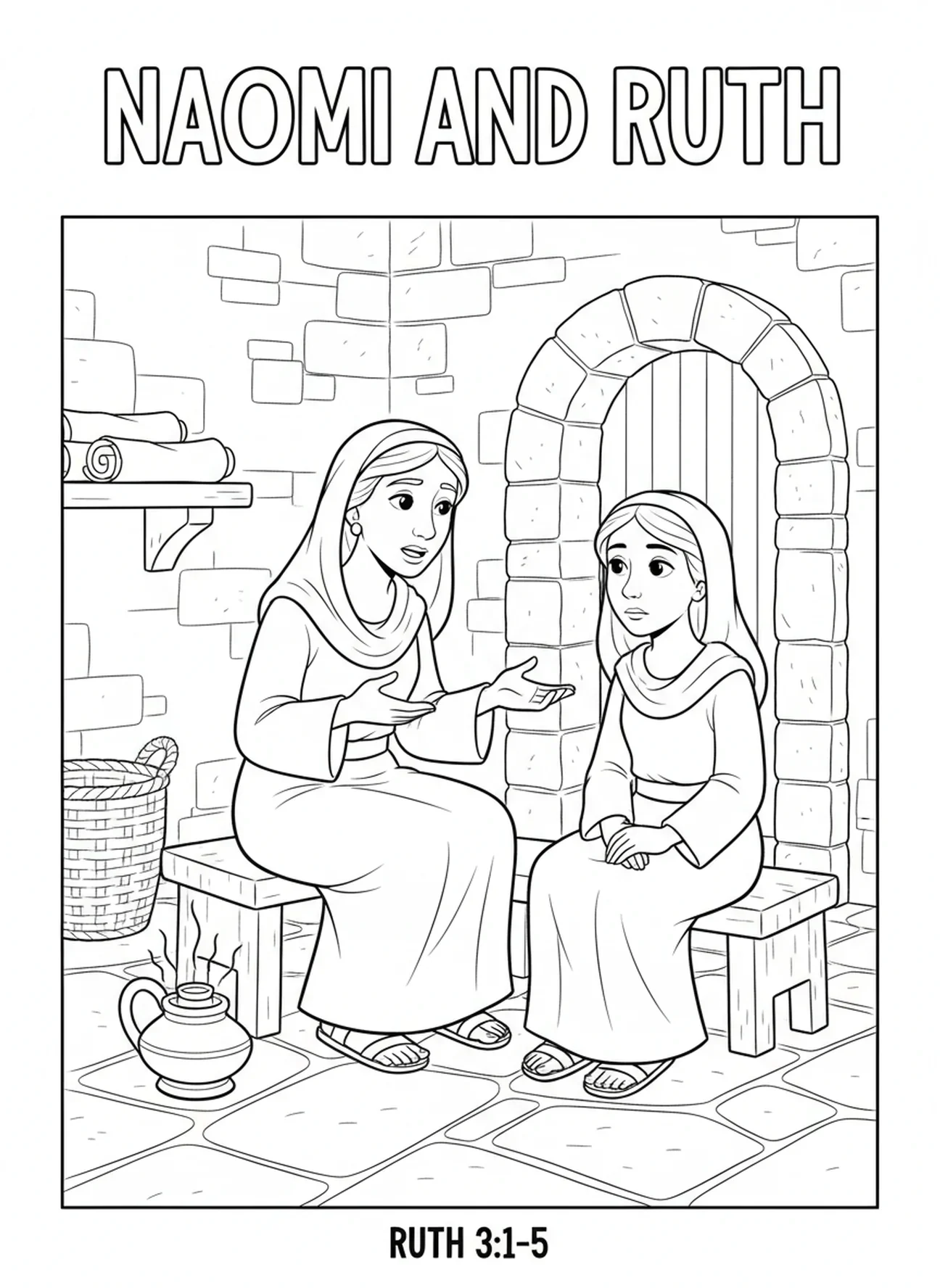 Naomi, die Ruth neben einer Öllampe berät, Ausmalbild für Religionsunterricht für Kinder im Alter von 5-12 Jahren.