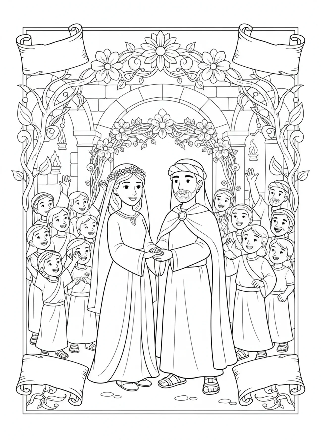 Ruth und Boaz an ihrer Hochzeit, Ausmalbild von Ruth und Naomi für die Sonntagsschule für Kinder im Alter von 5-12 Jahren.