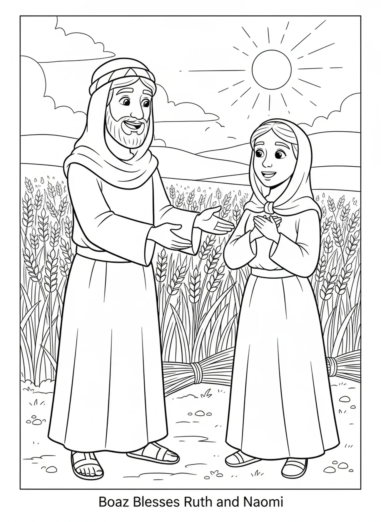 Boaz zegent Ruth en Naomi, kleurplaat van Ruth die graan verzamelt voor kinderen van 5-10 jaar.