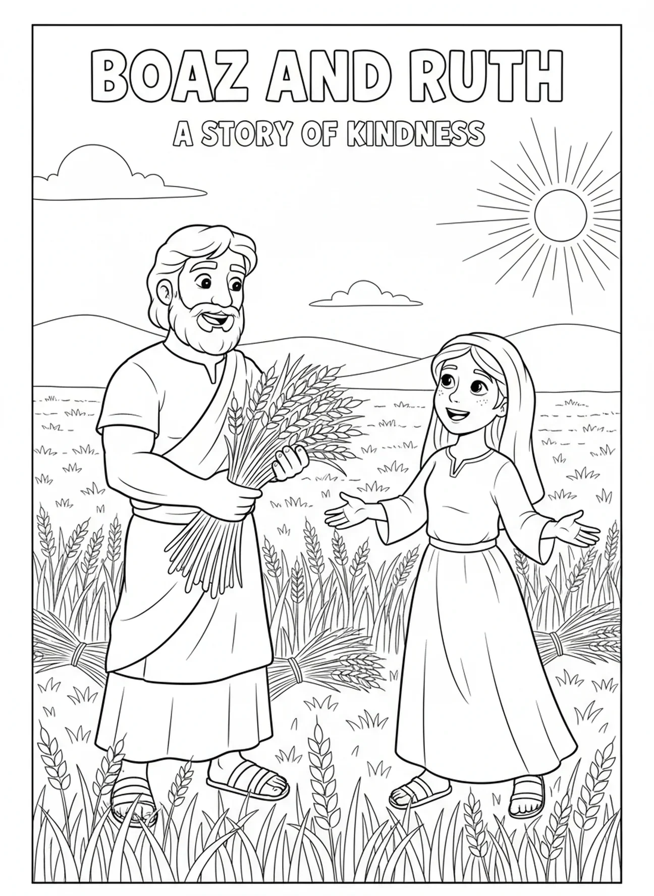 Boaz benadert Ruth, kleurplaat van Ruth die graan verzamelt voor kinderen van 5-10 jaar.