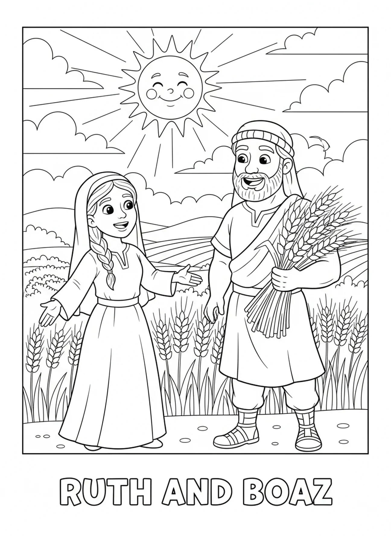 Ruth trifft Boaz, Ruth und Naomi Reise Malvorlage für Kinder im Alter von 5-10 Jahren