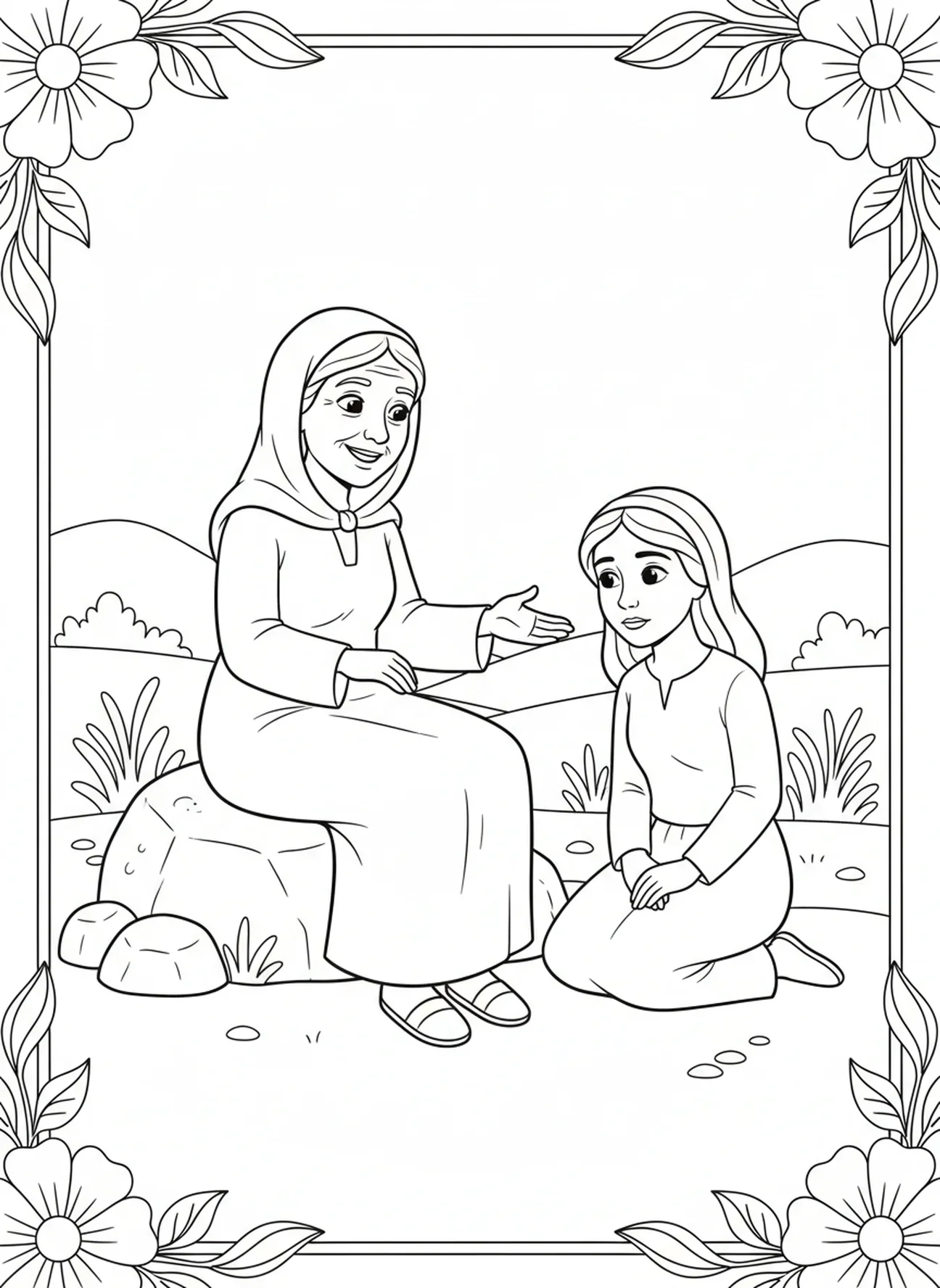 Naomi gibt Ruth Ratschläge, Ausmalbild für Kinder im Alter von 5-10 Jahren
