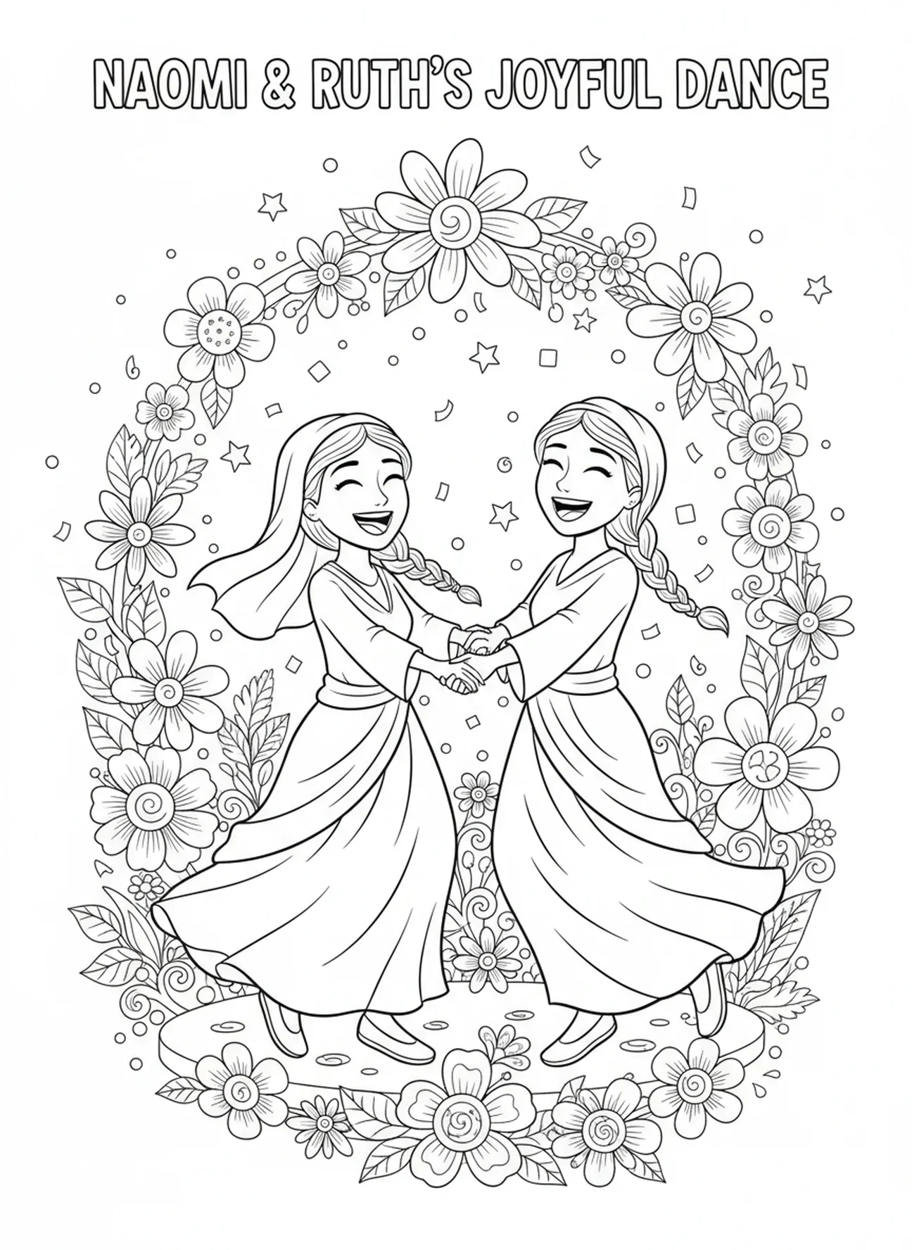 Naomi und Ruth feiern, Ausmalbild für Kinder im Alter von 5-10 Jahren über die Reise von Ruth und Naomi