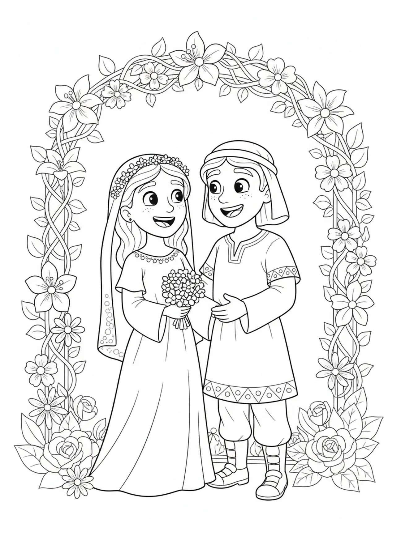 Hochzeit von Ruth und Boaz, Ruths Reise mit Naomi Ausmalbild für Kinder im Alter von 5-10 Jahren