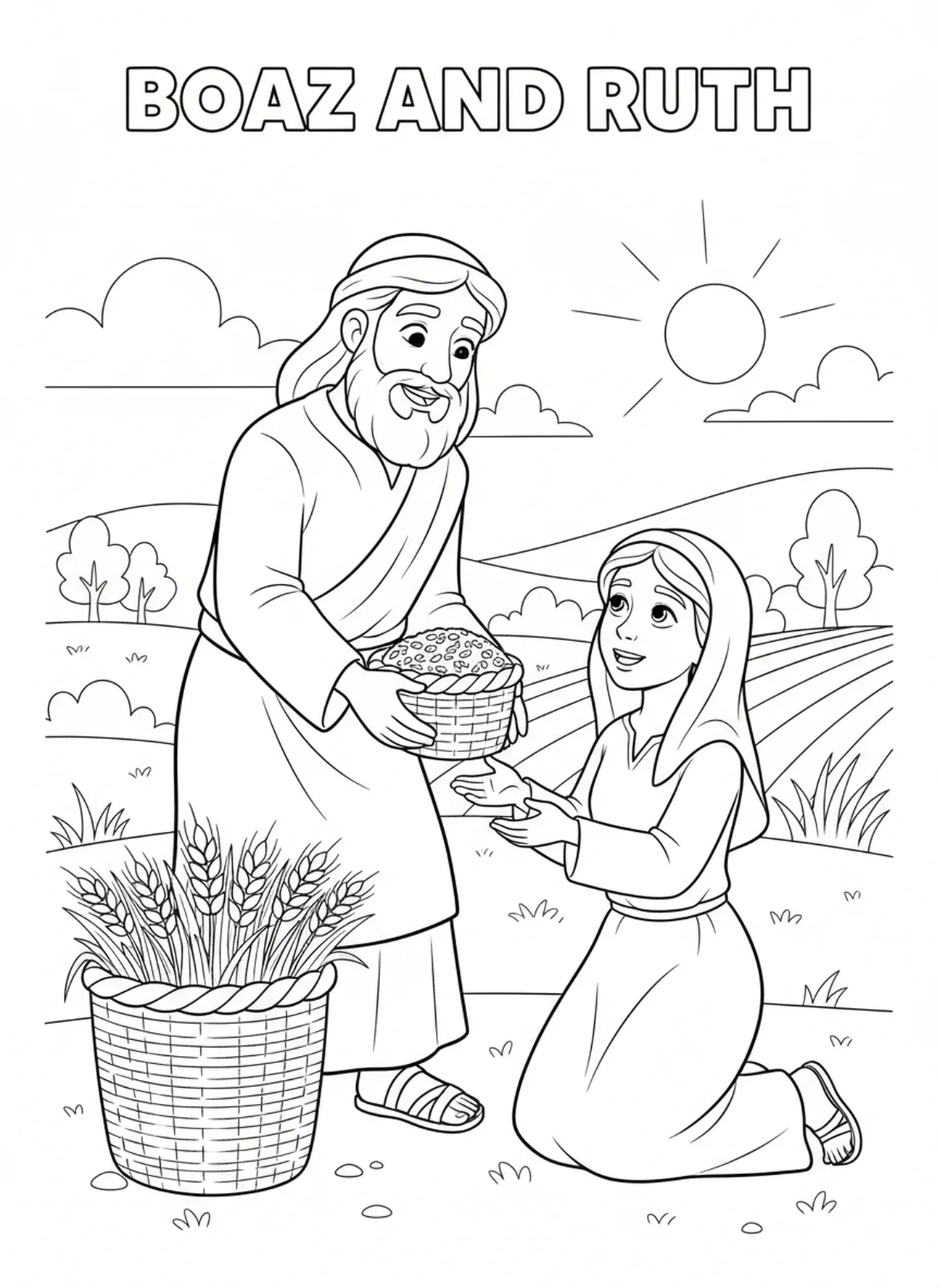 Boaz offrant de la nourriture à Ruth, page à colorier Ruth avec Boaz pour les enfants de 5 à 10 ans