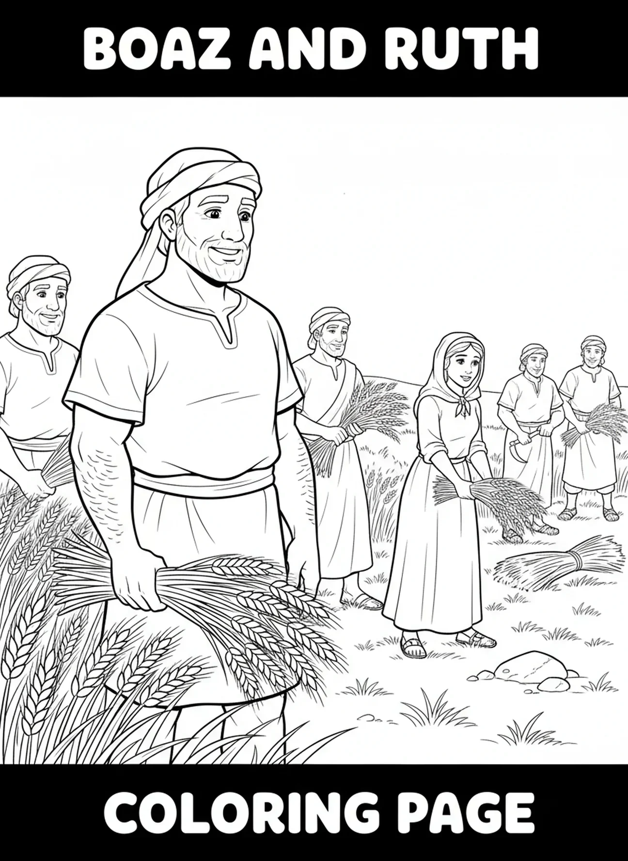 Boaz observant Ruth, page à colorier Boaz et Ruth pour les enfants de 5 à 10 ans