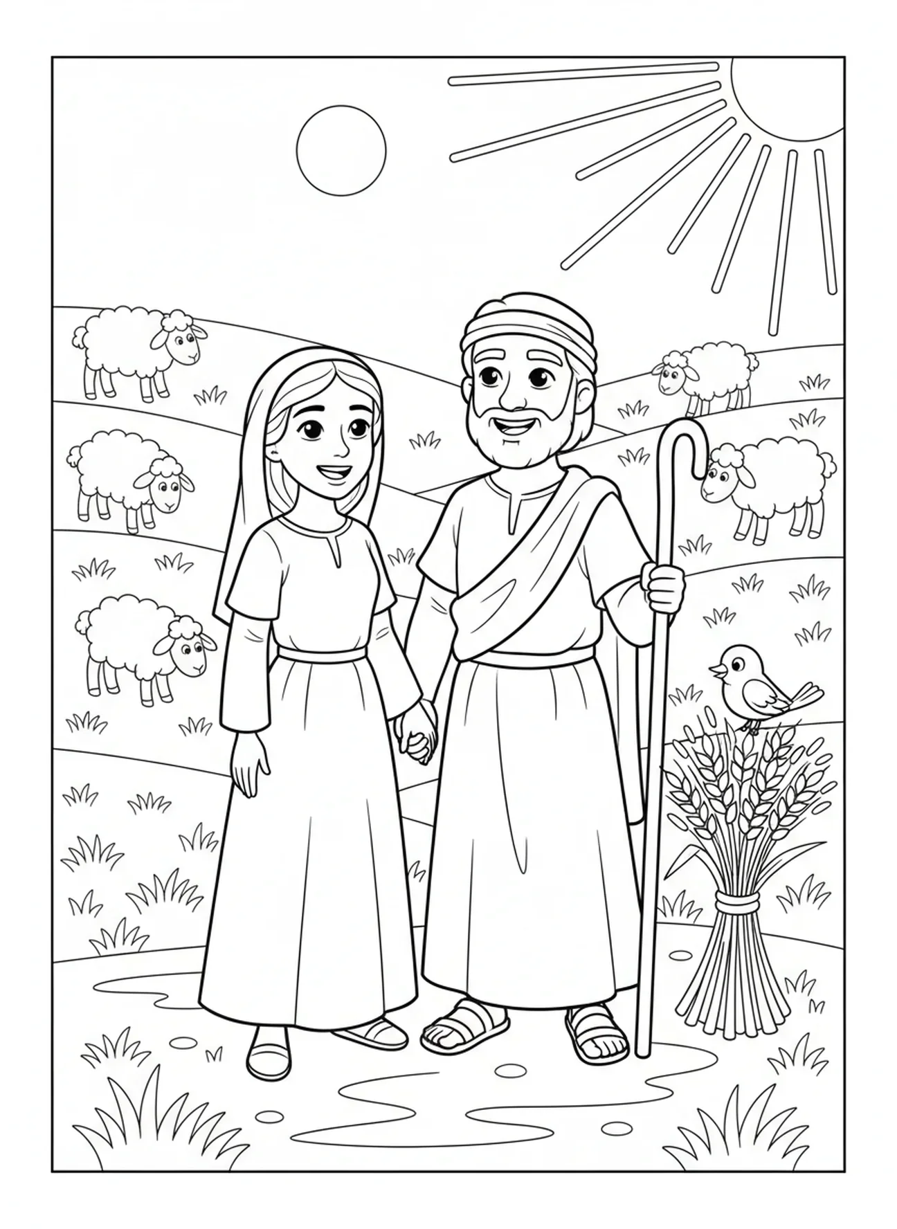 Ruth et Boaz dans le champ, page à colorier Ruth et Boaz pour les enfants de 5 à 10 ans