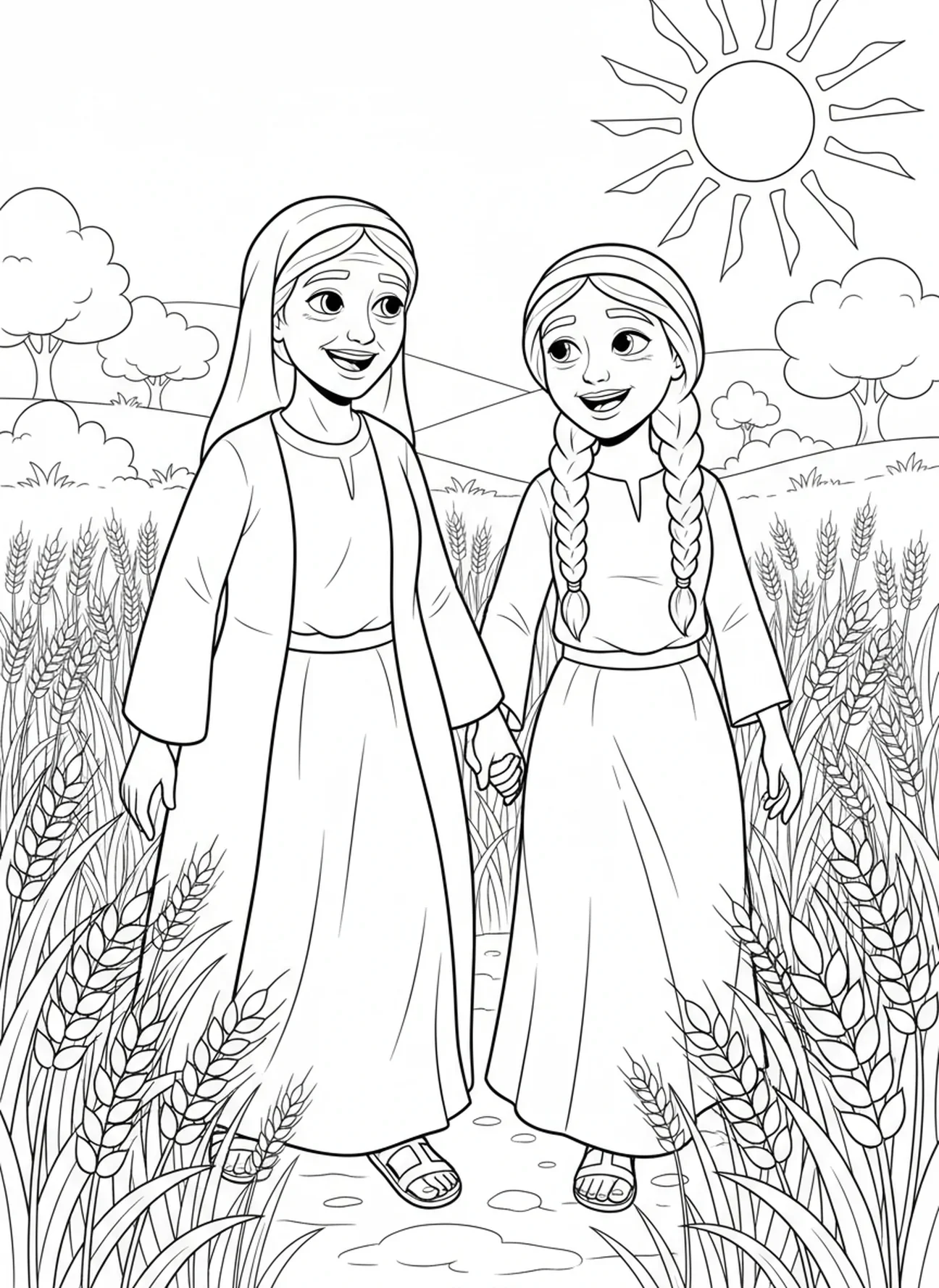 Ruth et Naomi, page à colorier Ruth avec Boaz pour les enfants de 5 à 10 ans