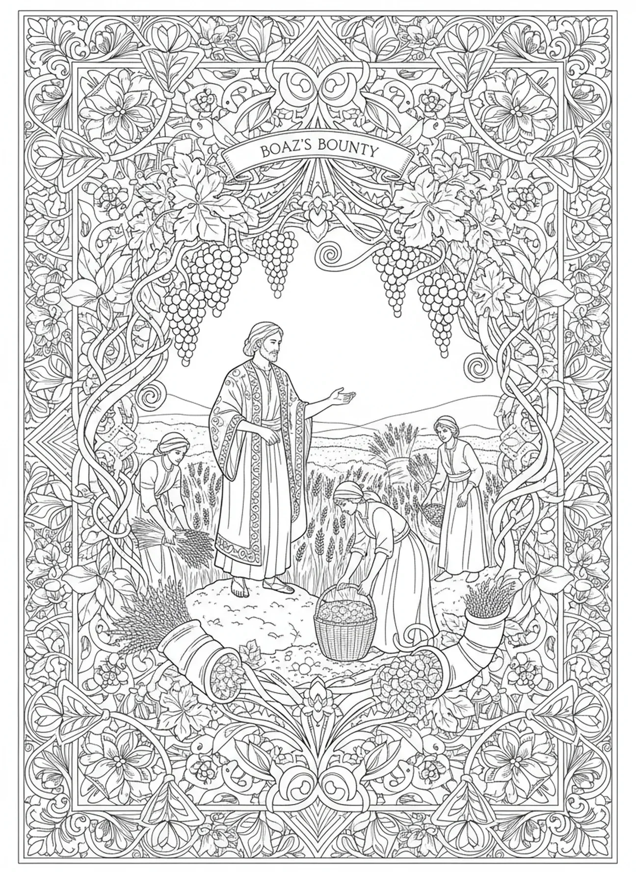 Boaz surveillant la récolte, page à colorier Ruth pour adultes dans un style de journal biblique.