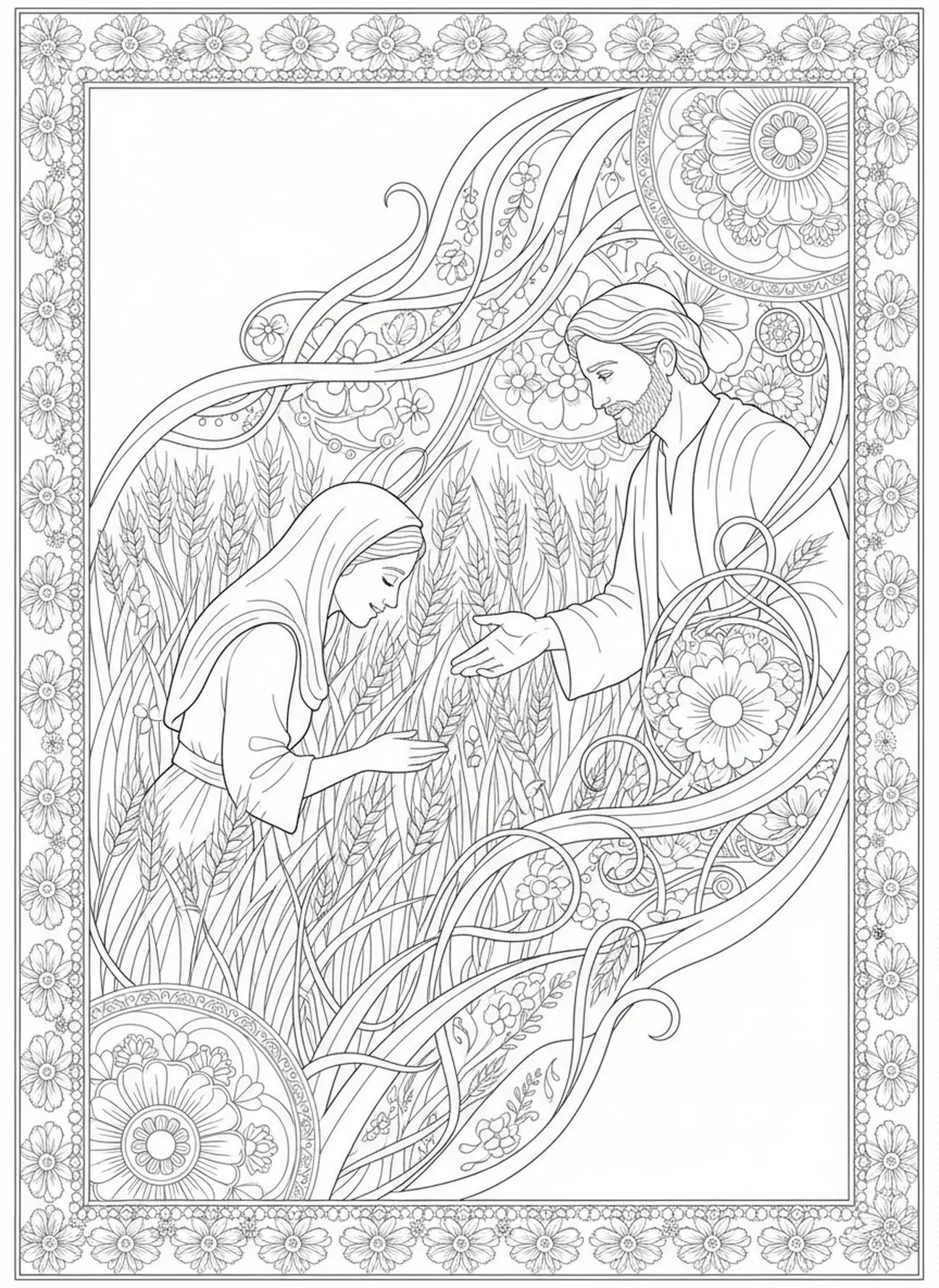 Ruth rencontrant Boaz, page à colorier pour adultes dans le style du journal biblique.