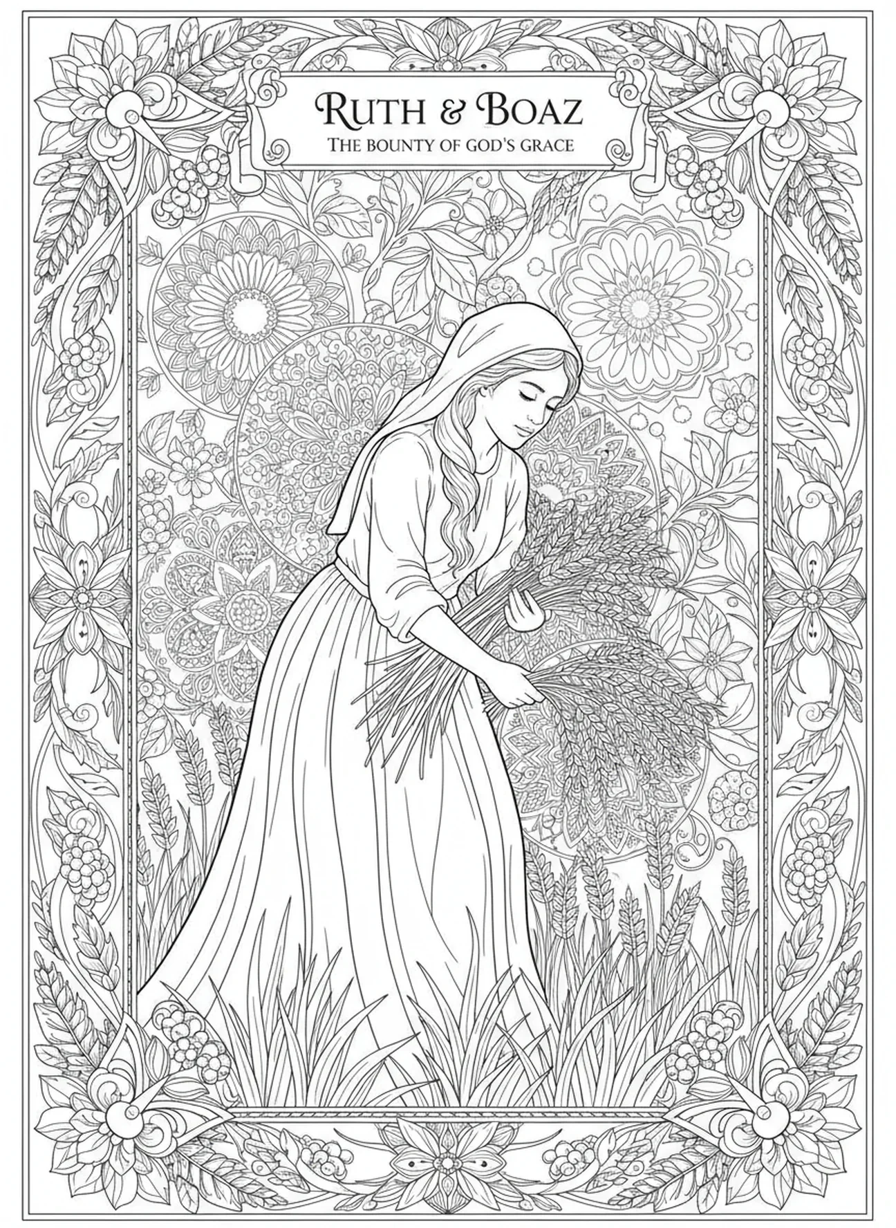 Ruth glanant du blé, page à colorier de Ruth pour le style de journal biblique pour adultes.