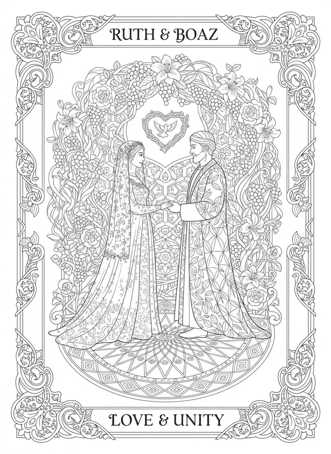 Scène de mariage de Ruth et Boaz, page à colorier de Ruth pour le journal biblique, style adulte.