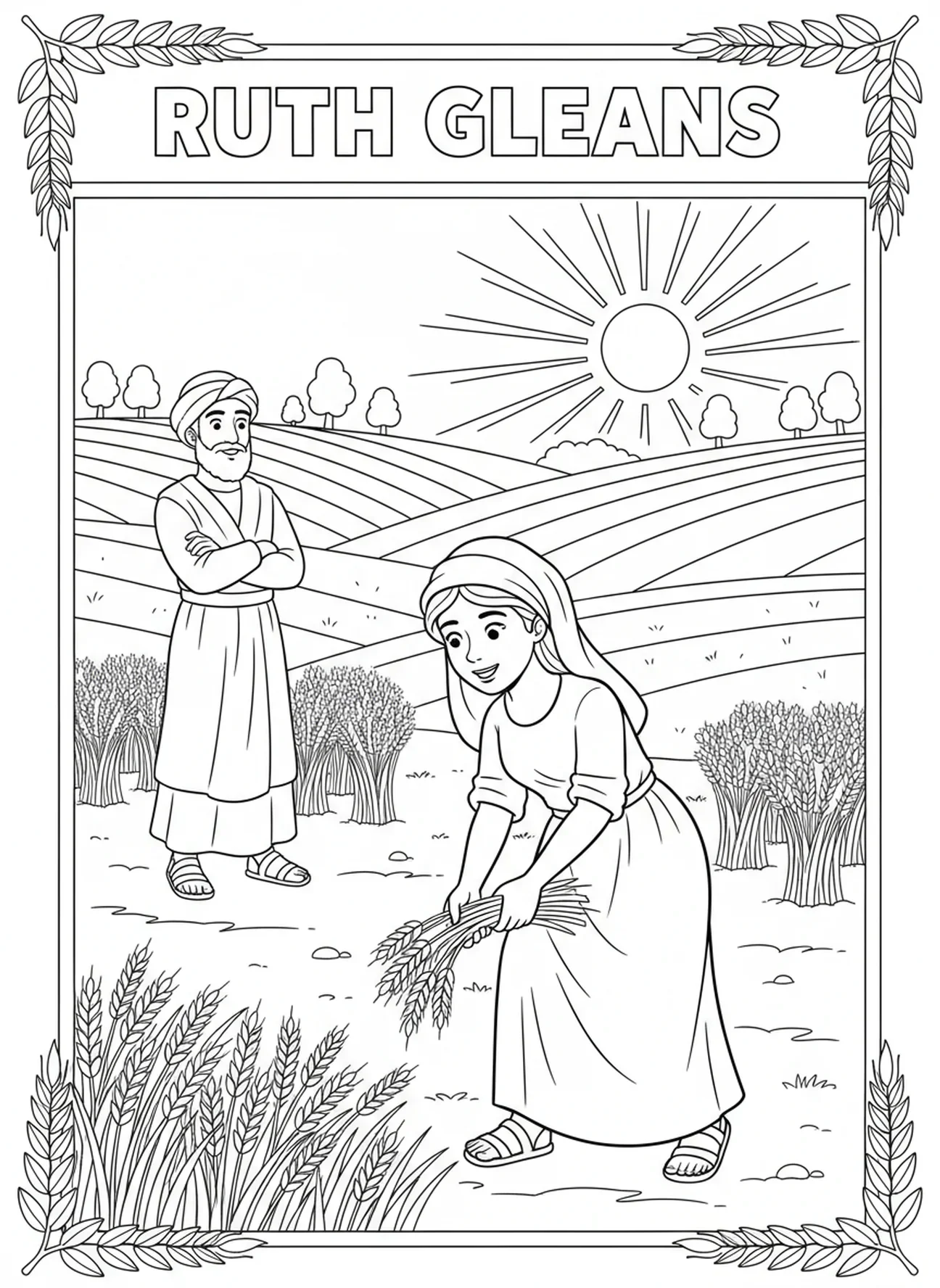 Rut recogiendo espigas en un campo, página para colorear de Rut para niños de 5 a 10 años