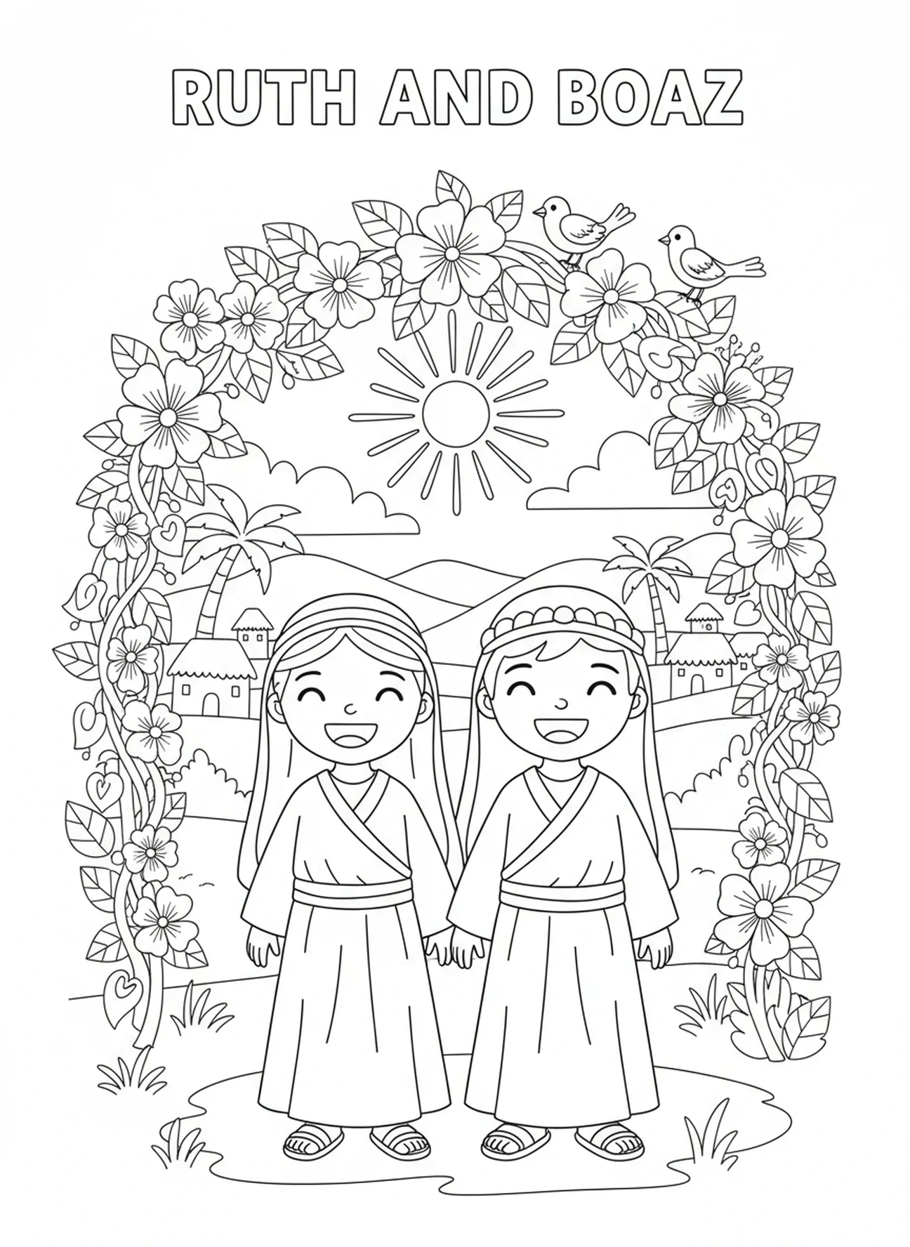 Rut y Booz en su boda, página para colorear de Rut para niños de 5 a 10 años