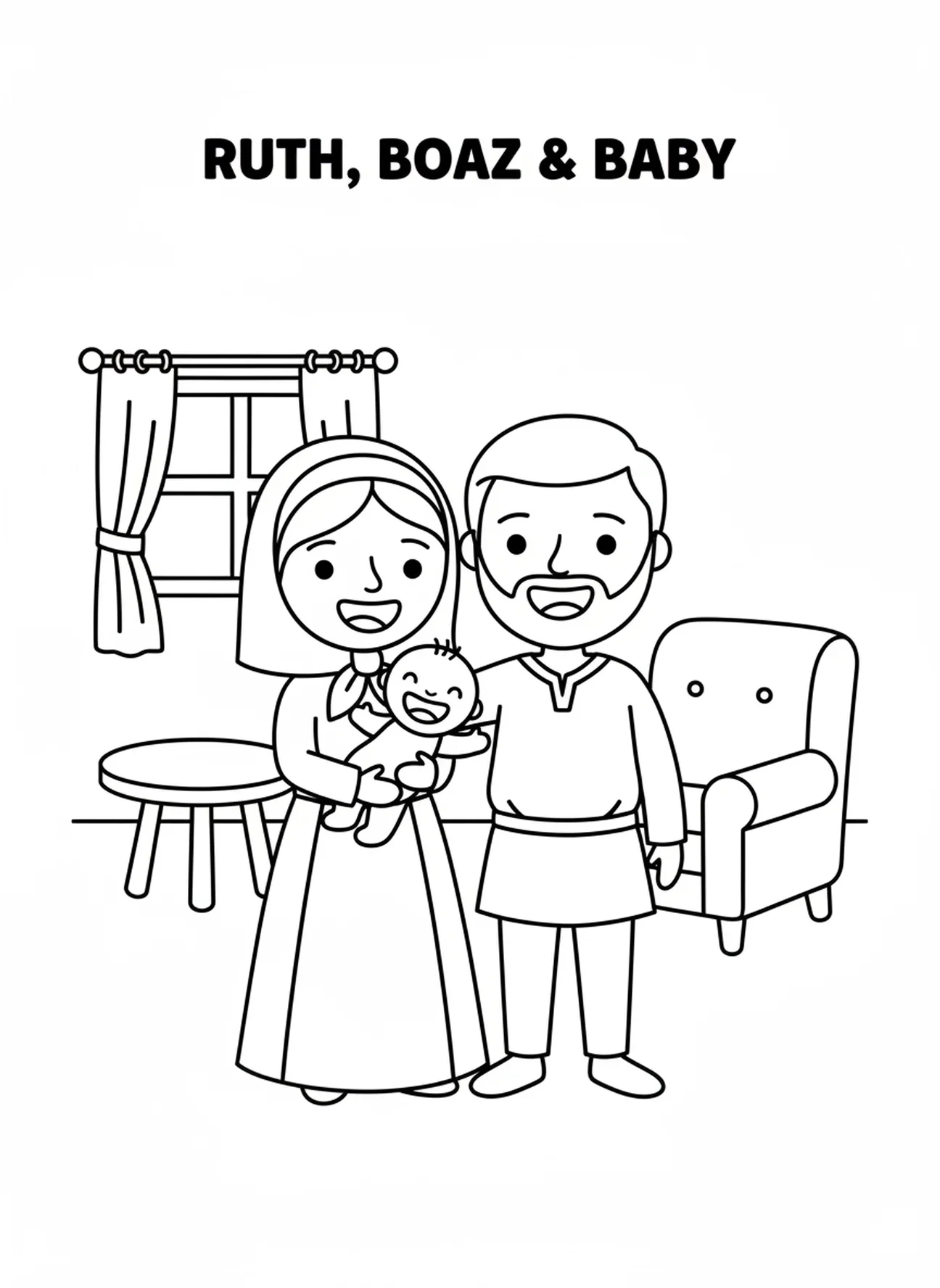 Rute, Boaz e bebê em casa, página para colorir Rute para crianças de 3 a 5 anos