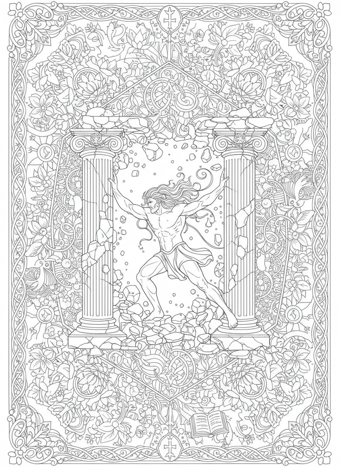 A vitória final de Sansão, página para colorir de Sansão e Dalila no estilo de journaling bíblico para adultos.