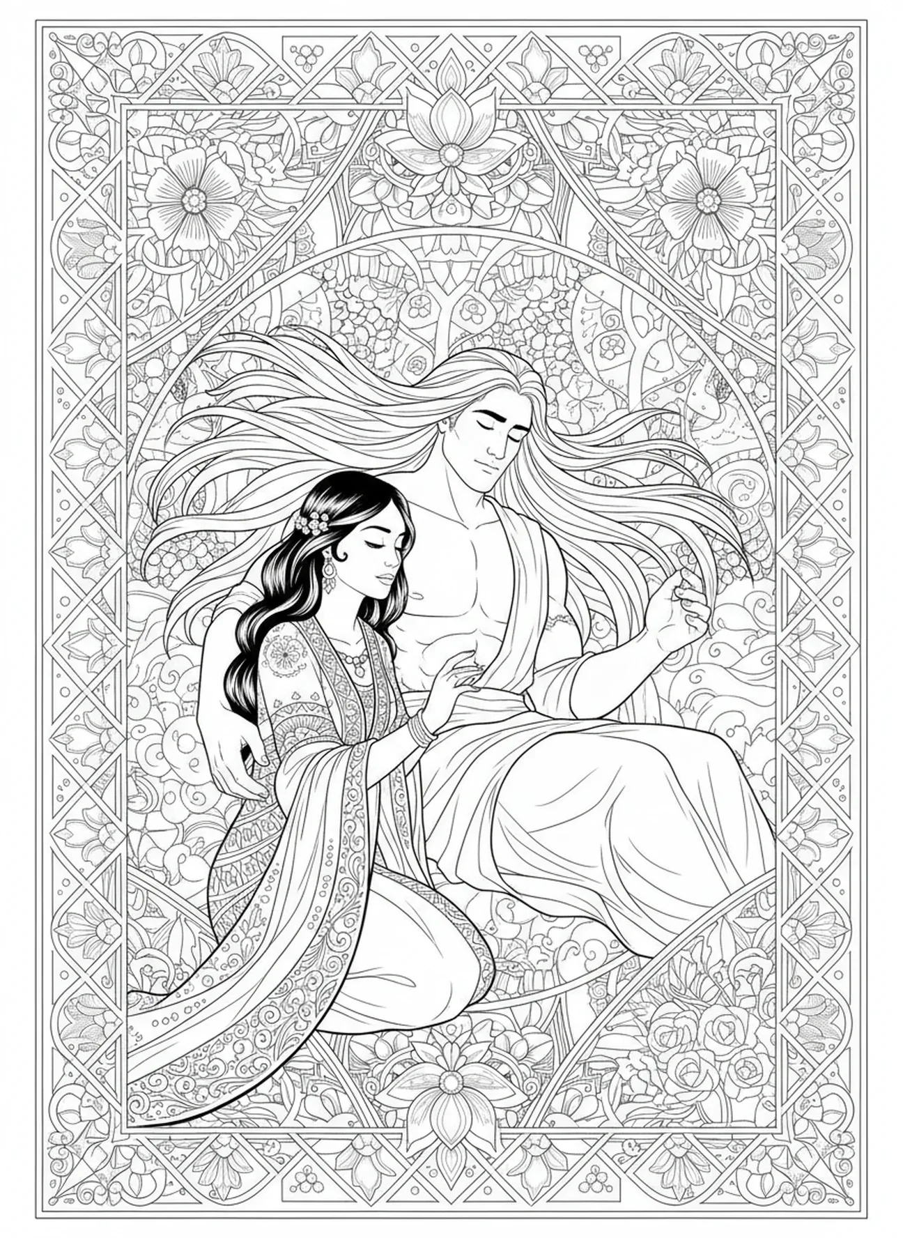 Sansão dormindo tranquilamente, página de colorir Sansão e Dalila para adultos no estilo de journaling bíblico.