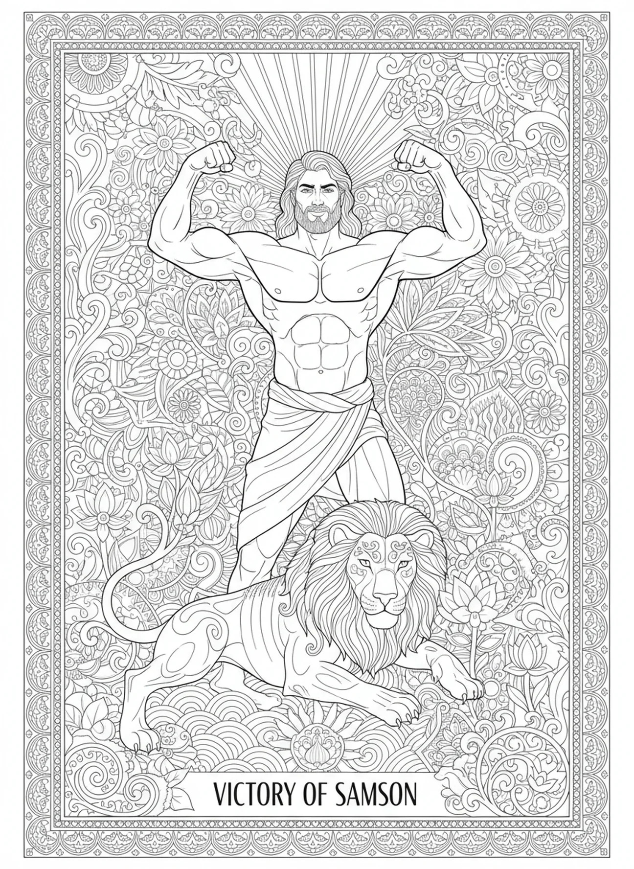 Simson steht triumphierend mit floralen Elementen, Simson und der Löwe Ausmalbild für Erwachsene im Bibel-Journaling-Stil