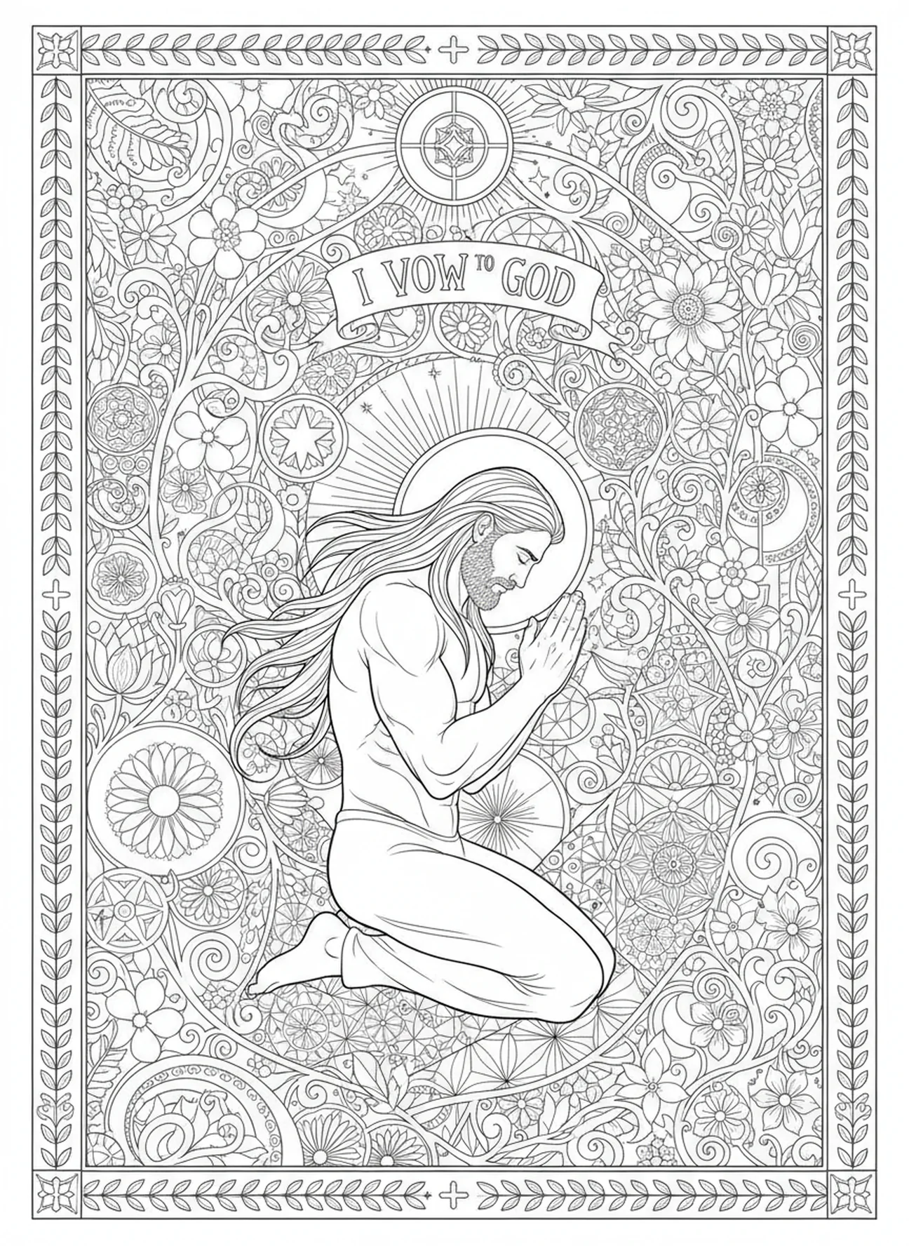 Simson kniet im Gebet mit himmlischen Motiven, Simson und der Löwe Malvorlage für Erwachsene im Bibel-Journaling-Stil