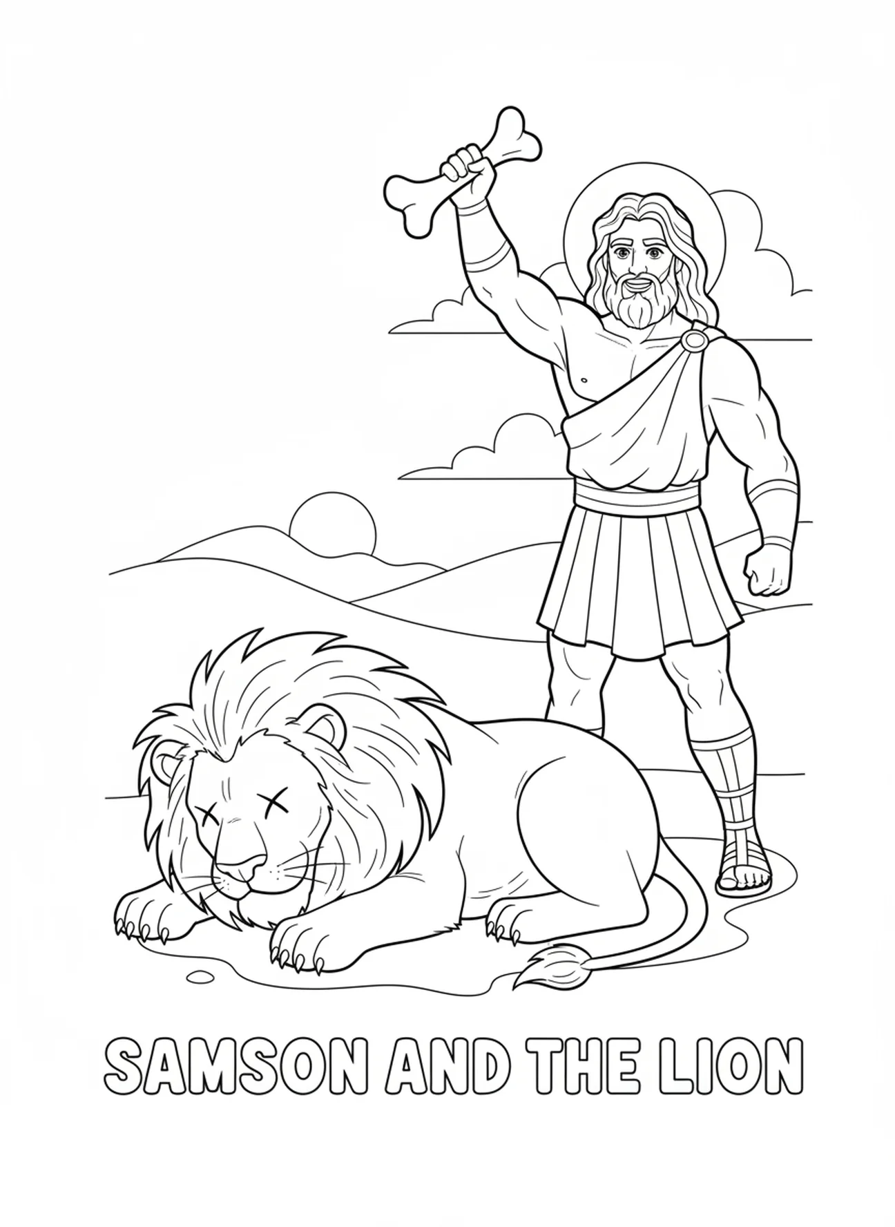 Lion vaincu avec Samson se tenant fièrement, page à colorier Samson et Lion pour les enfants de 5 à 10 ans.