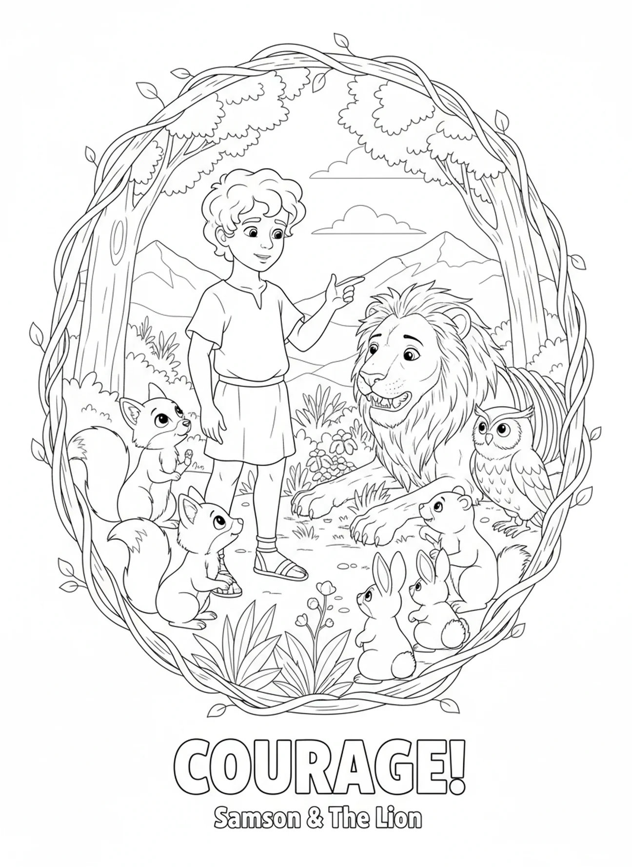 Samson enseignant aux animaux le courage, page à colorier Samson et Lion pour les enfants de 5 à 10 ans.