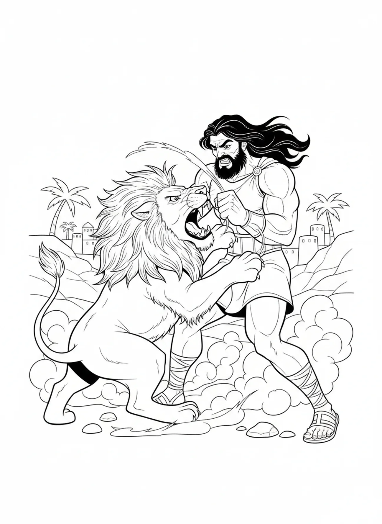 Samson luttant avec un lion, page à colorier Samson et le lion pour les enfants de 5 à 10 ans.