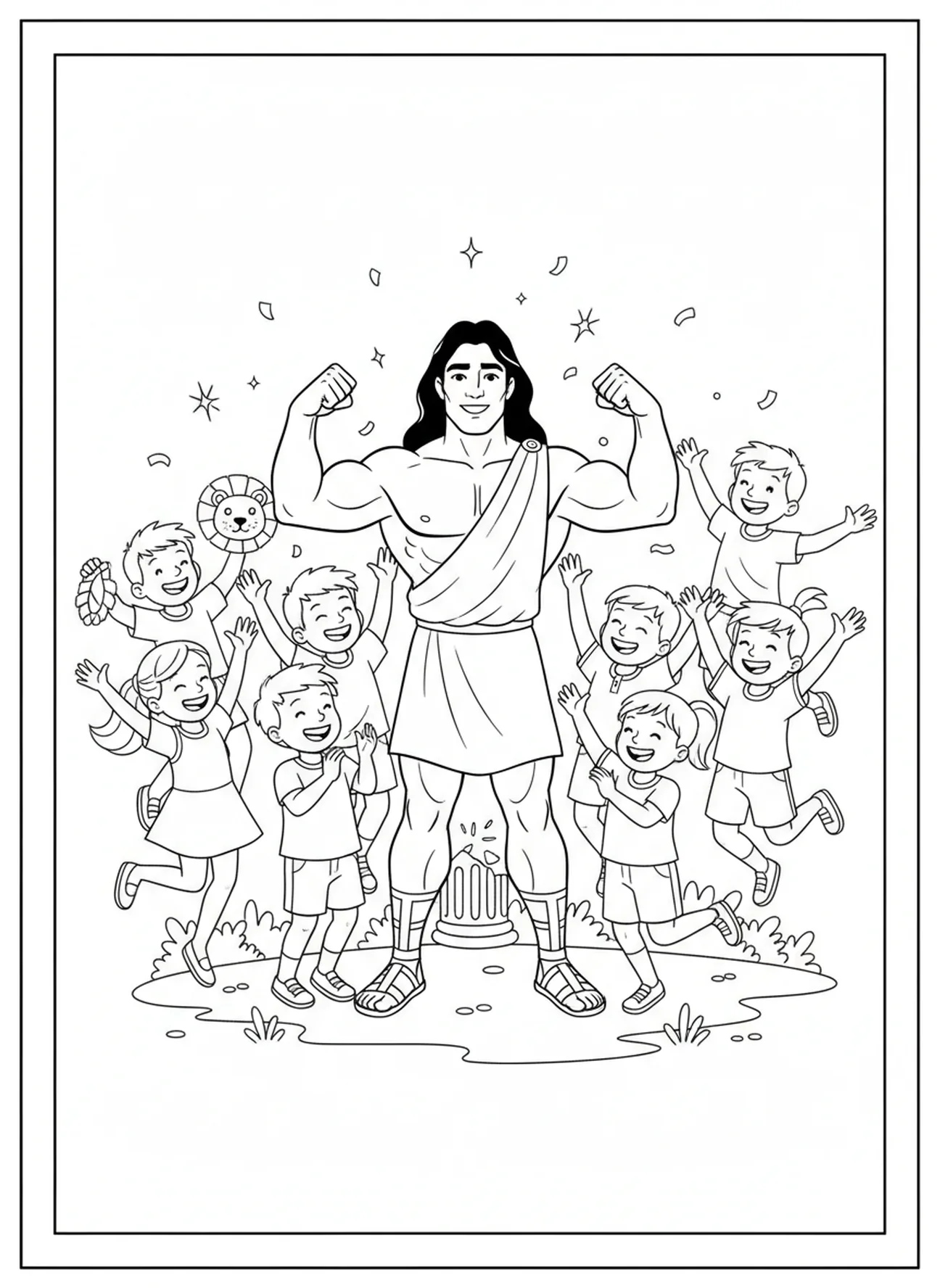 Enfants joyeux célébrant Samson, page à colorier Samson et le Lion pour les enfants de 5 à 10 ans.