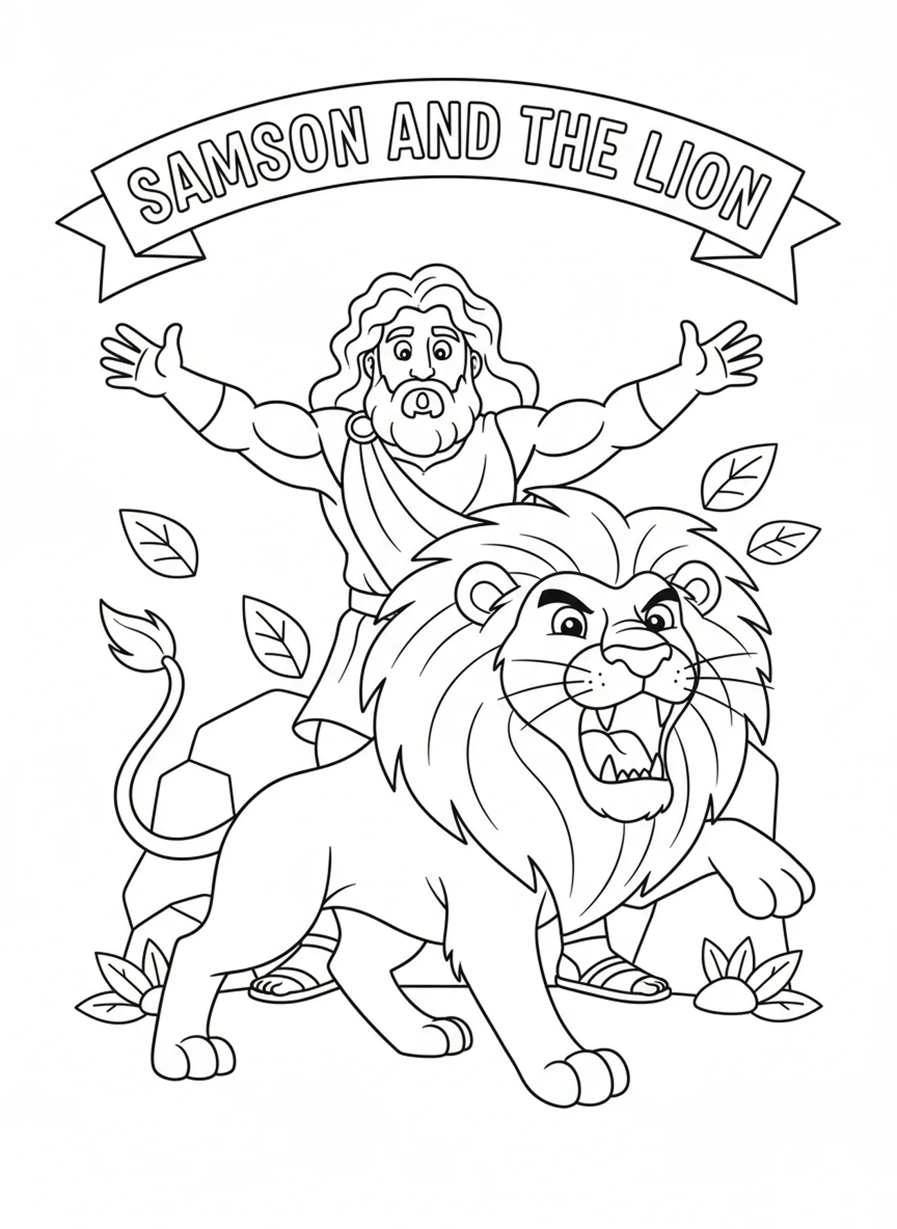 Samson les bras écartés comme un lion rugissant, page à colorier Samson et Lion pour les enfants de 5 à 10 ans.