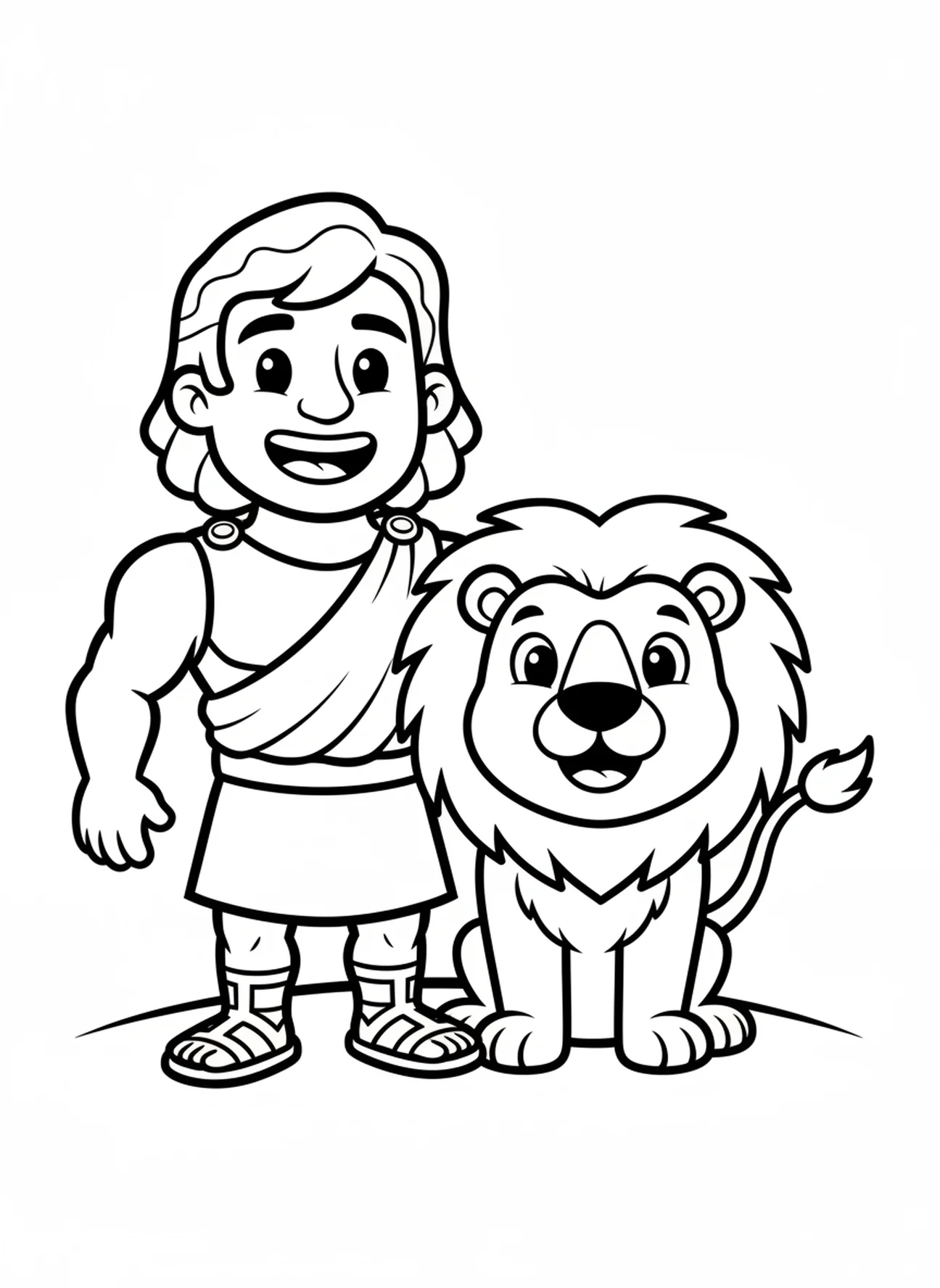Sansón y león amistoso, página para colorear de Sansón y el león para niños de 3 a 5 años.