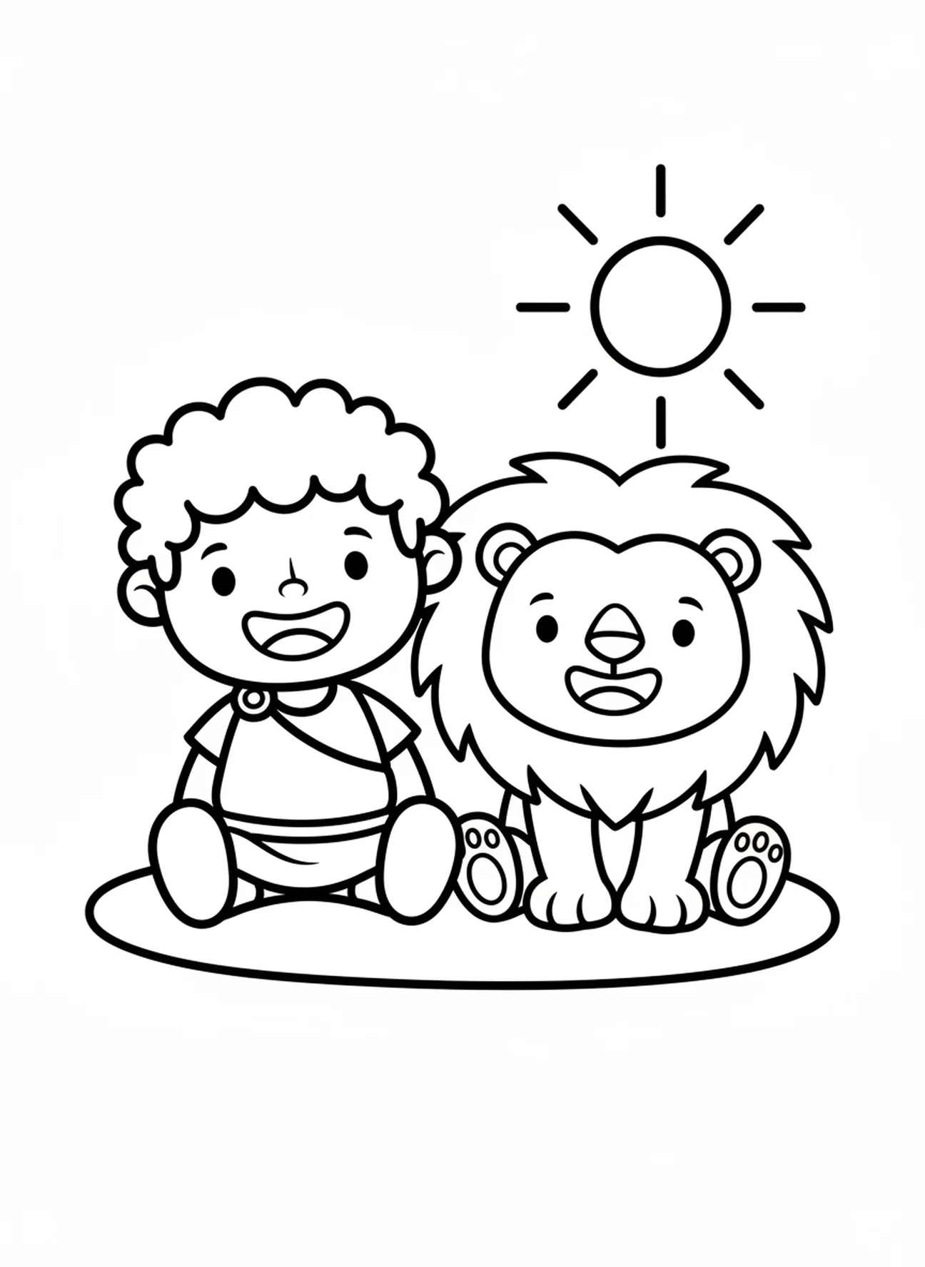 Sansón y león bajo el sol, página para colorear de Sansón y el león para niños de 3 a 5 años.