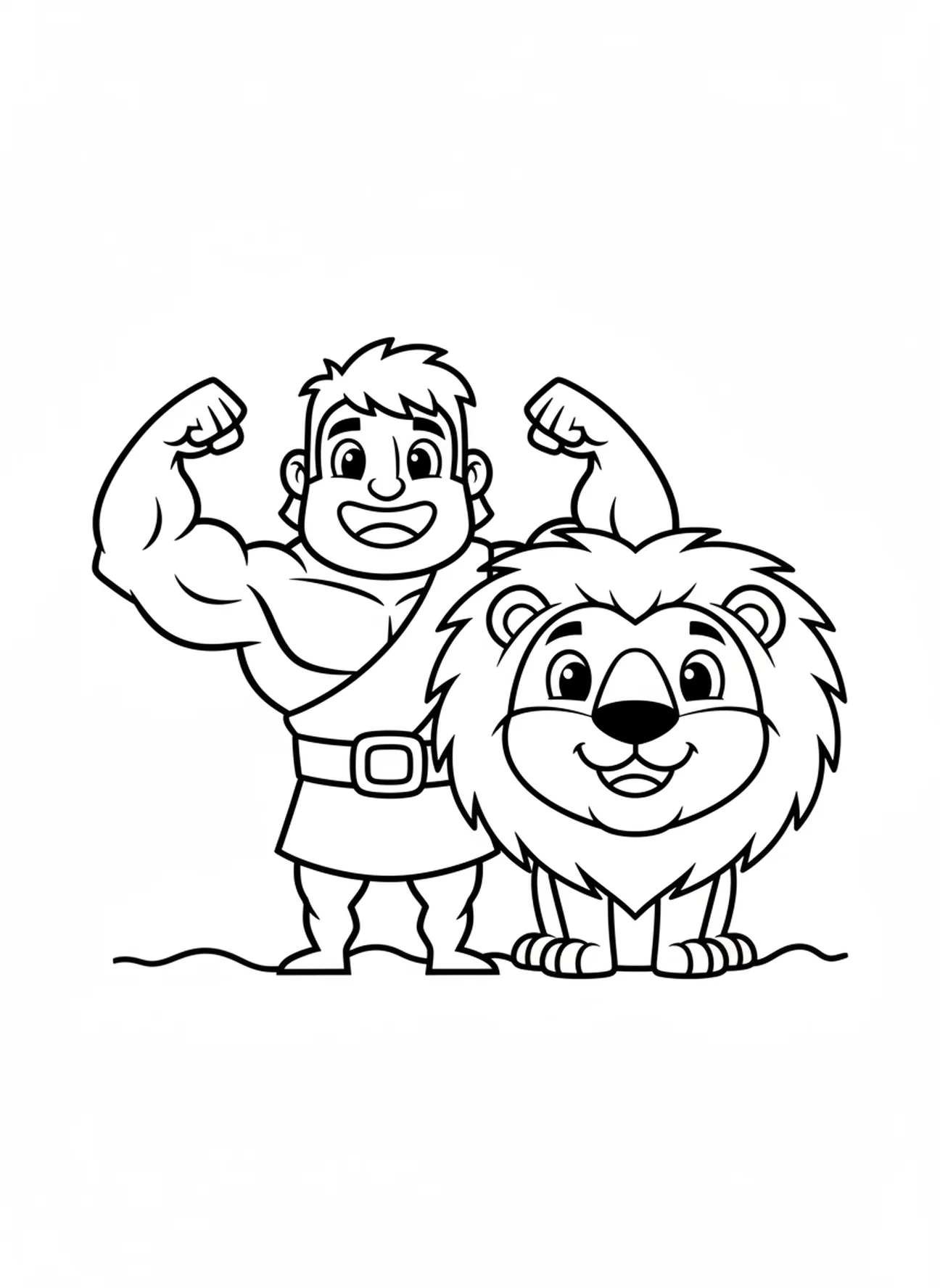 Sansón flexionando los brazos, página para colorear de Sansón y el León para niños en edad preescolar de 3 a 5 años.