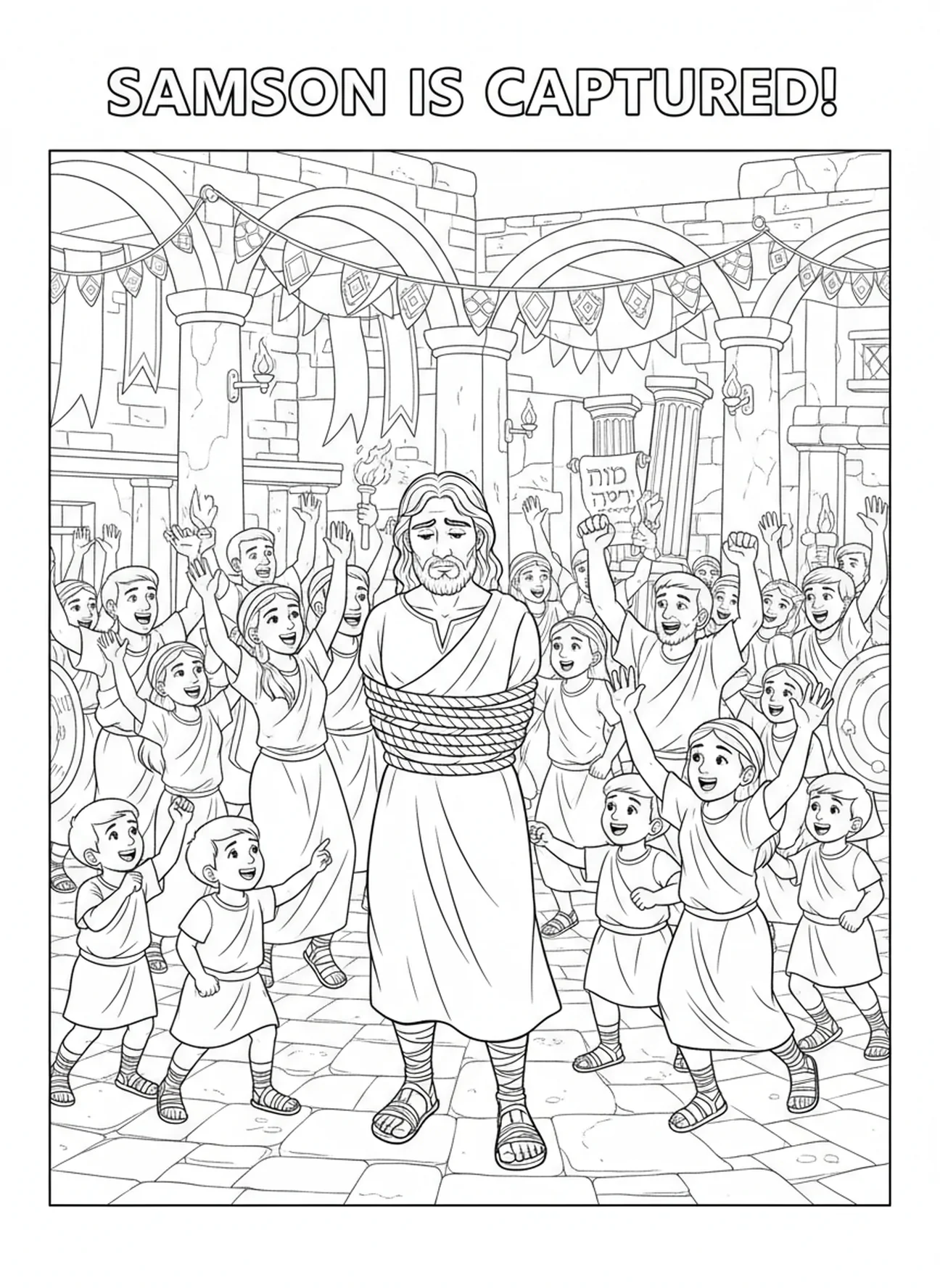 Samson entouré de Philistins, page à colorier Samson et Lion pour les enfants de l'École du dimanche âgés de 5 à 12 ans.
