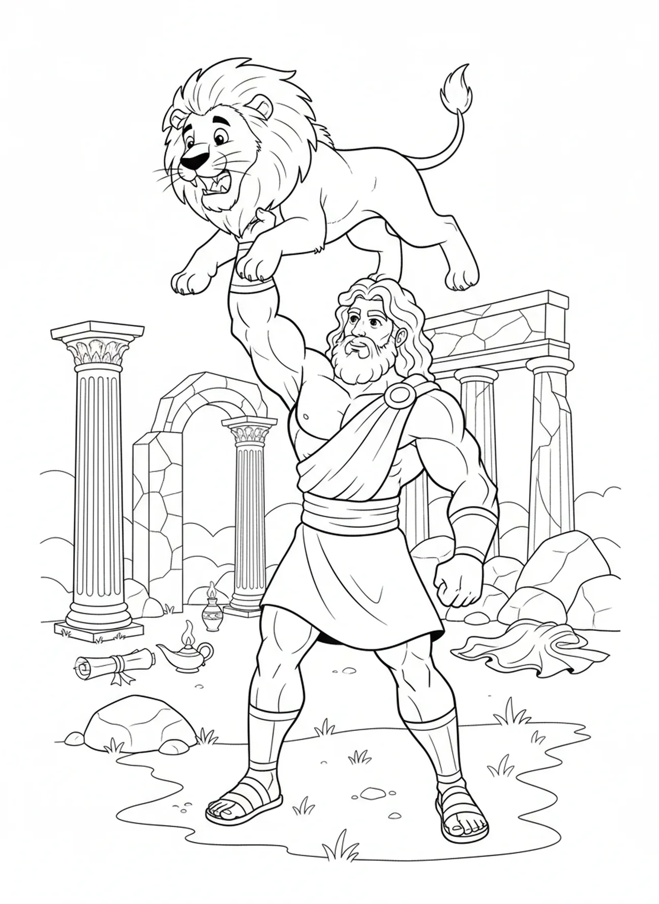 Samson tenant un lion, page à colorier Samson et Lion pour les enfants de l'École du dimanche âgés de 5 à 12 ans.