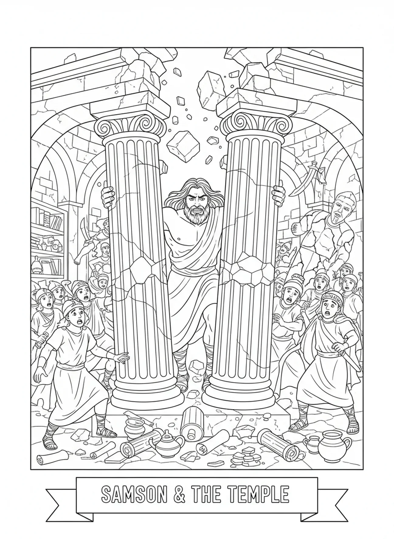 Samson poussant des piliers, page à colorier Samson et Lion pour les enfants de l'École du dimanche âgés de 5 à 12 ans.